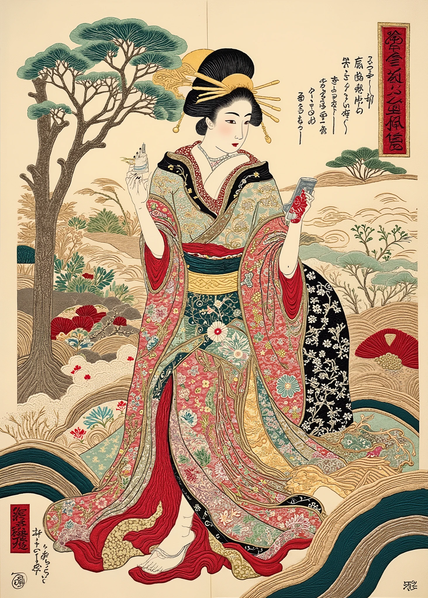 Ukiyo-e Style , 派手な kimonoを着たゲイシャがiPhoneを操作している, A geisha sitting sideways with sex appeal 、Ukiyo-e on Japanese paper , mixed style of sumi-e and Ukiyo-e , kimono, Integrated into the design in ArsMj style , Zen ink painting , tsukioka1 Japanese woodblock print Ukiyo-e , full body photo、texture