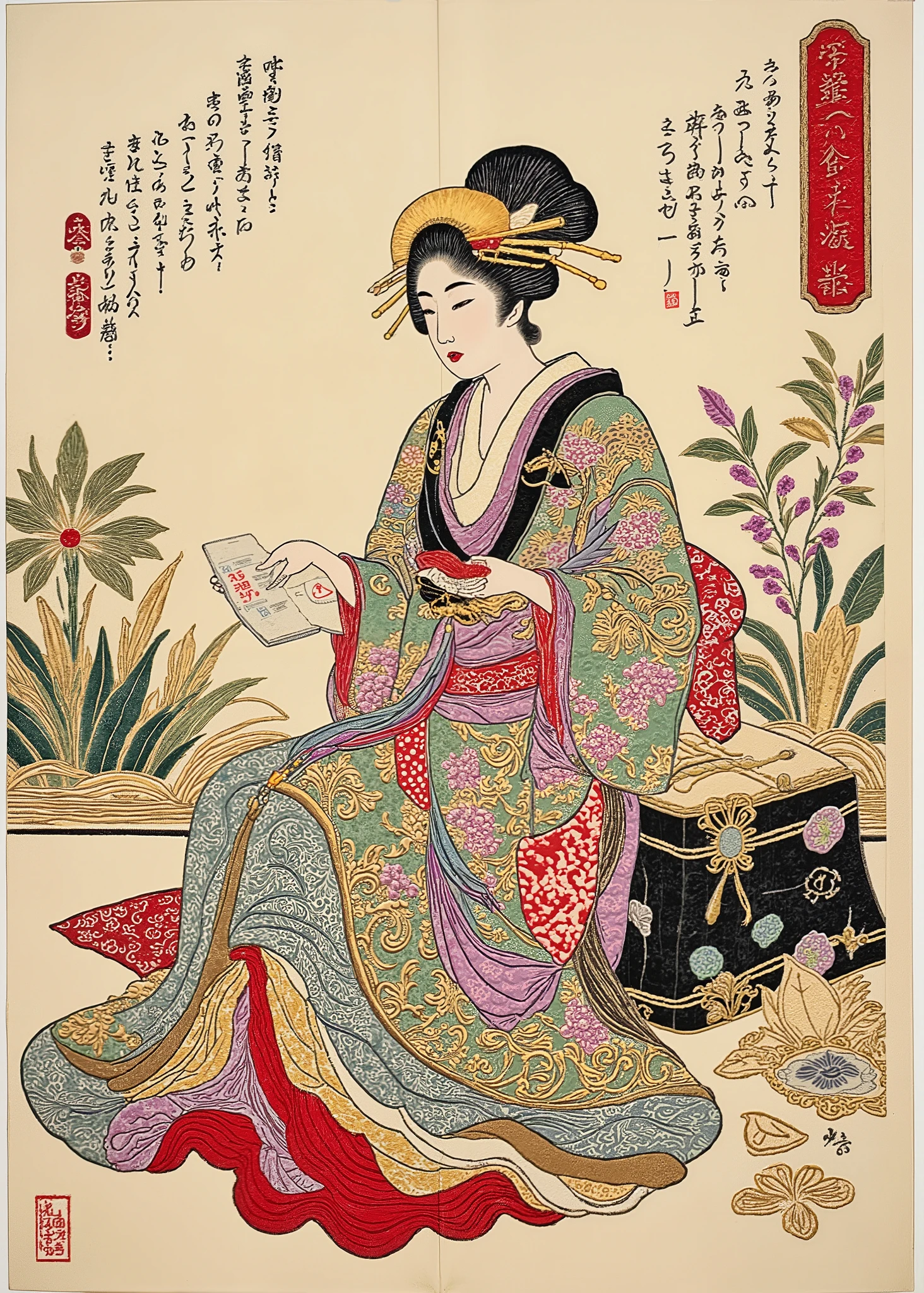   Ukiyo-e Style , 派手な kimonoを着たゲイシャがiPhoneを操作している, A geisha sitting sideways with sex appeal 、Ukiyo-e on Japanese paper  ,  mixed style of sumi-e and Ukiyo-e  ,  kimono, Integrated into the design in ArsMj style , Zen ink painting ,  tsukioka1 Japanese woodblock print Ukiyo-e ,  full body photo、texture