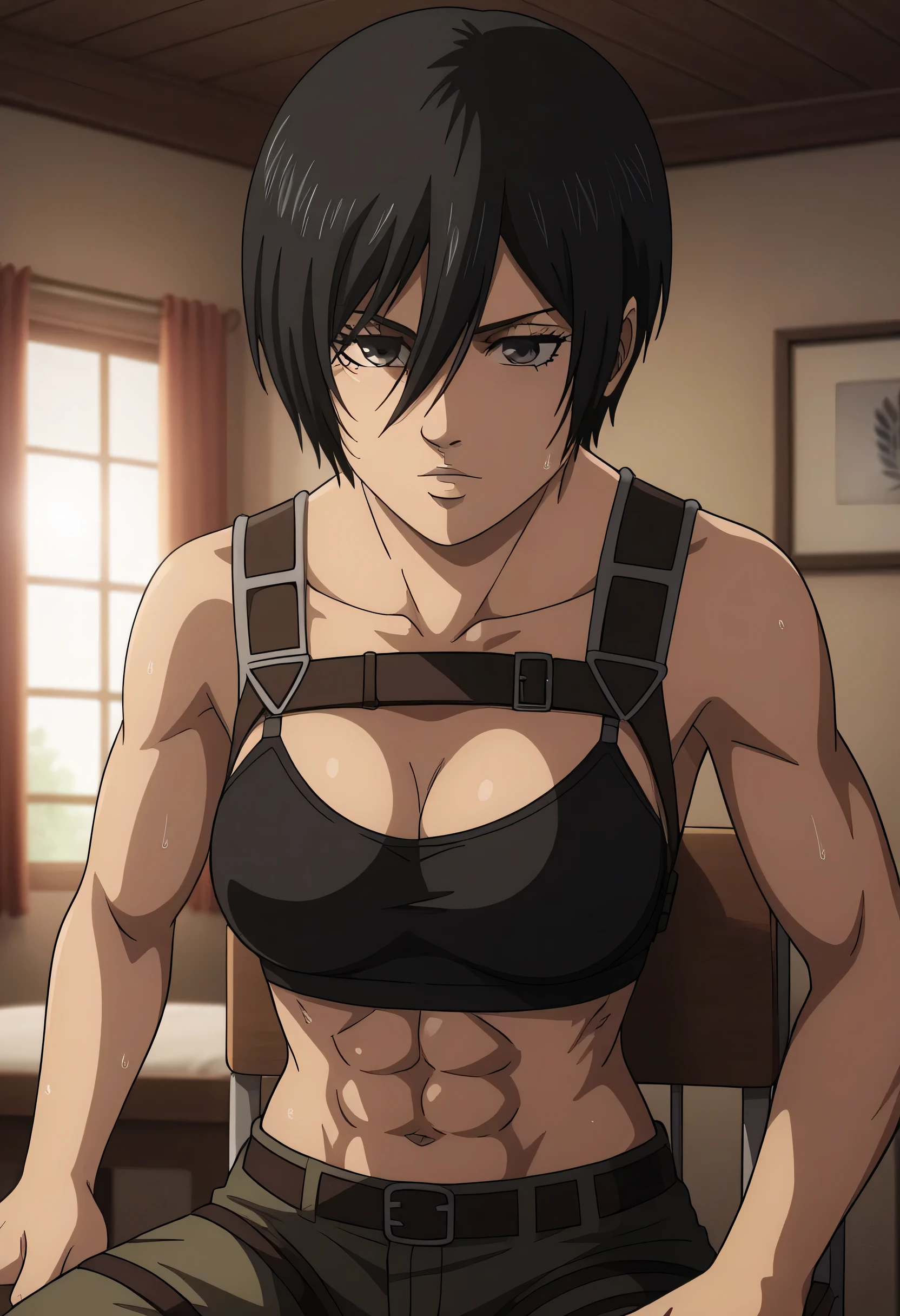 score_9, score_8_up, score_7_up, BREAK source_anime, mikasa ackrman, grey eyes, black hair, short hair, medium breasts,Mikasa wreanig black tight sport Elastic fiber bra and black loose military trousers,mikasa with good looking body,perfect lighting,mikasa final season design,mikasa mappa version, mikasa sitting on chair, Perfect generation,mikasa short hairstyle,mikasa season 4 version,attack on titan graphics,in night,HD wallpaper,perfect colors,pixie cut hairstyle,fighting face,,wet body,mikasa flat stomach,mikasa only six-pack,normal body size,anime style,tone six-pack,attack on titan season 4 style,upper body,close review to character,bra design as tank top, mikasa handsome face,in bedroom,light trun off in room,mikasa alone in room,solo,1girl,