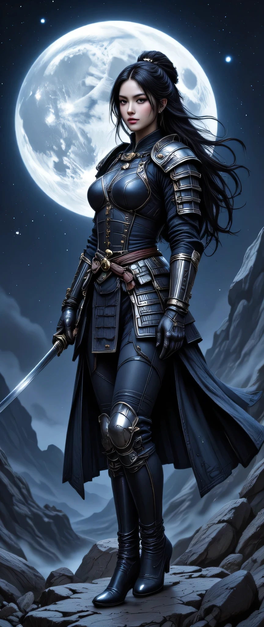 a picture of Japanese female samurai, she has long black hair, wearing samurai armor, armed with a katana, ready for battle, wearing samurai armor, wearing high heels boots, the sun is setting down in the background, she stands on a blue moon in space, bleak moon surface in outer space, strange nebula in the background, star constellation (Masterpiece: 1.5), best quality, 16k, ultra detailed, masterpiece, best quality, (extremely detailed), dynamic angle, ultra wide shot, photorealistic, RAW, fantasy art, dnd art, fantasy art, ((SFW:1.5)), hyp3rd3tail style