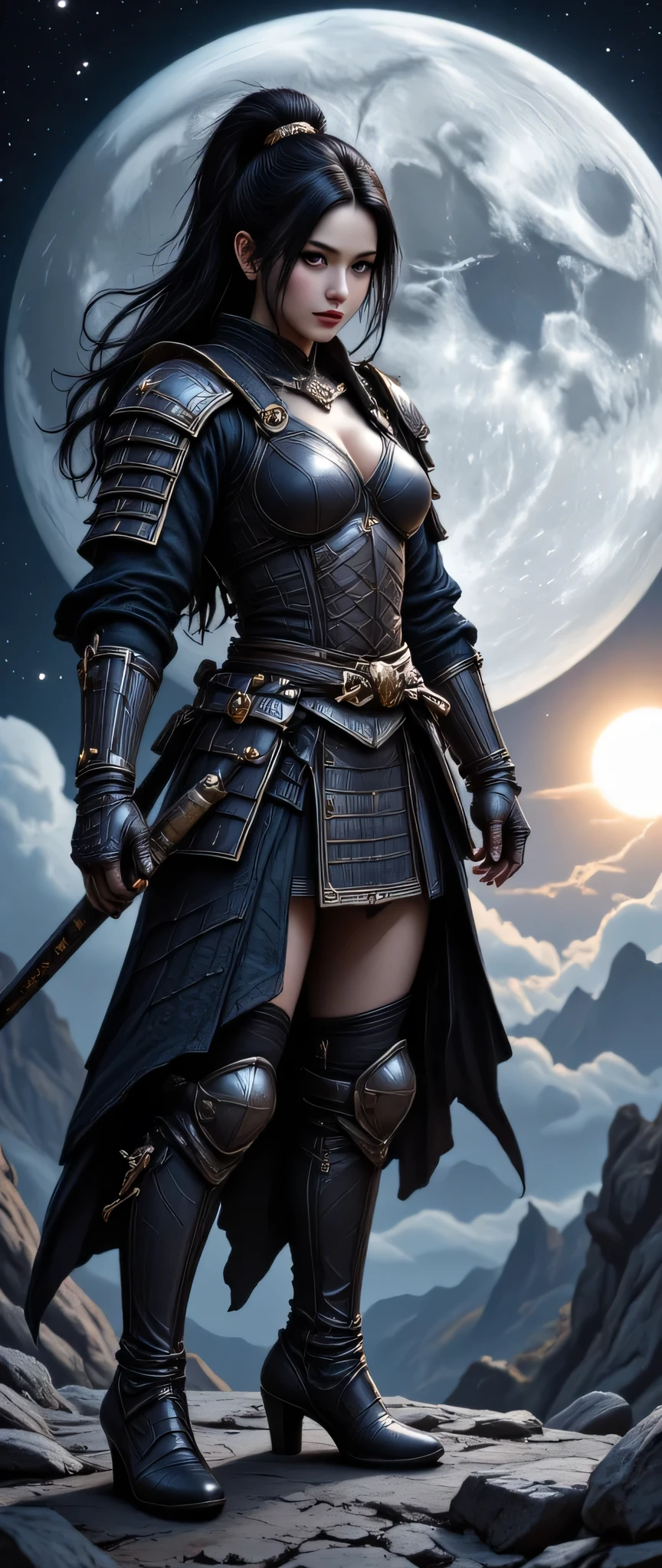 a picture of Japanese female samurai, she has long black hair, wearing samurai armor, armed with a katana, ready for battle, wearing samurai armor, wearing high heels boots, the sun is setting down in the background, she stands on a blue moon in space, bleak moon surface in outer space, strange nebula in the background, star constellation (Masterpiece: 1.5), best quality, 16k, ultra detailed, masterpiece, best quality, (extremely detailed), dynamic angle, ultra wide shot, photorealistic, RAW, fantasy art, dnd art, fantasy art, ((SFW:1.5)), hyp3rd3tail style