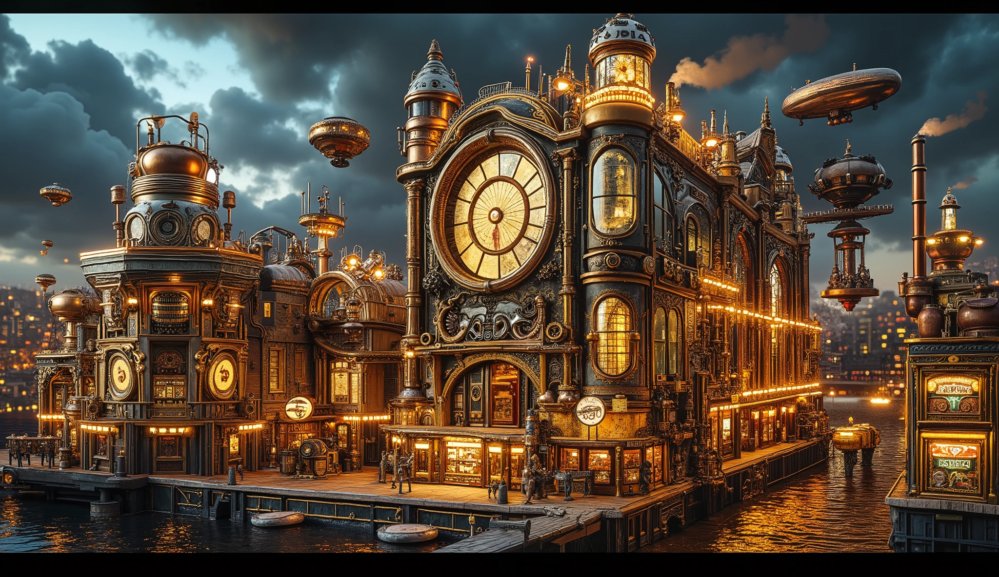 A sprawling steampunk cityscape at night, dominated by glowing gold and silver tones. Victorian-style buildings with intricate brass details are illuminated by glowing neon lights. Airships float in the sky above the city, while steam rises from copper pipes and smokestacks. Swirling steam effects and atmospheric perspective create a luxurious retro-futuristic environment. Cinematic lighting enhances the golden and silver sheen of the metallic structures, creating a highly detailed and vibrant composition.