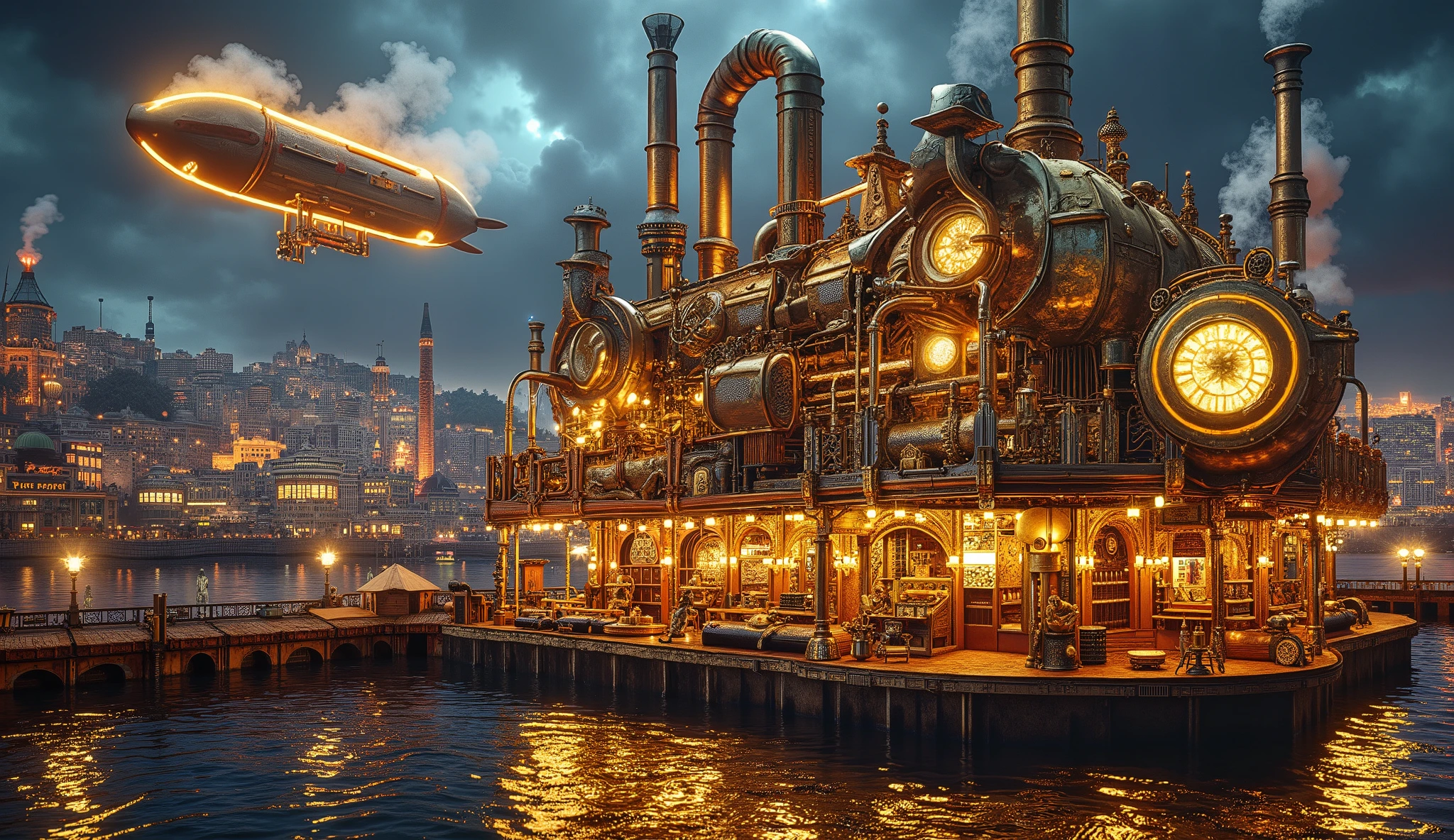 A sprawling steampunk cityscape at night, dominated by glowing gold and silver tones. Victorian-style buildings with intricate brass details are illuminated by glowing neon lights. Airships float in the sky above the city, while steam rises from copper pipes and smokestacks. Swirling steam effects and atmospheric perspective create a luxurious retro-futuristic environment. Cinematic lighting enhances the golden and silver sheen of the metallic structures, creating a highly detailed and vibrant composition.