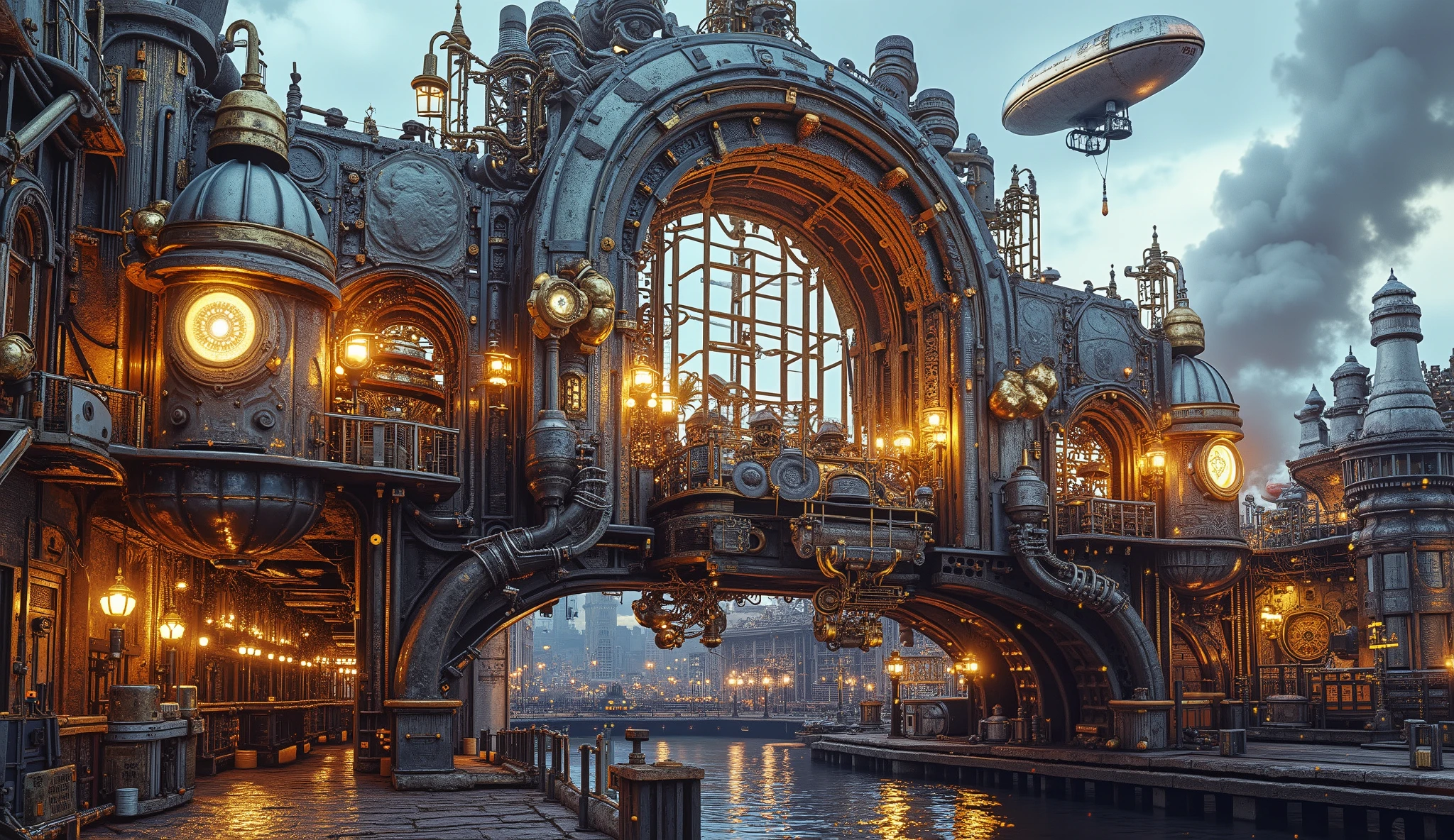 A massive metallic bridge spanning across a steampunk city, adorned with glowing gas lamps in gold and silver tones. The bridge is surrounded by swirling steam effects, with Victorian-style buildings in the background. Airships hover in the sky, and glowing neon lights reflect off the polished metal surfaces. Cinematic lighting enhances the retro-futuristic aesthetic, creating a highly detailed and vibrant composition.