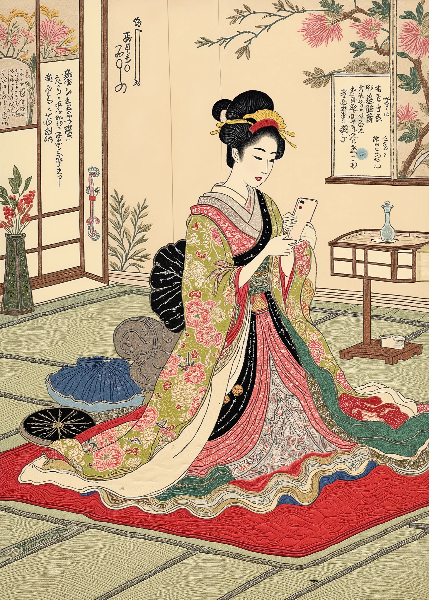   Ukiyo-e Style , 派手な kimonoを着たゲイシャがスマートフォンを操作している,  tatami mat、Ukiyo-e on Japanese paper  ,  mixed style of sumi-e and Ukiyo-e  ,  kimono, Zen ink painting ,  tsukioka1 Japanese woodblock print Ukiyo-e 、texture