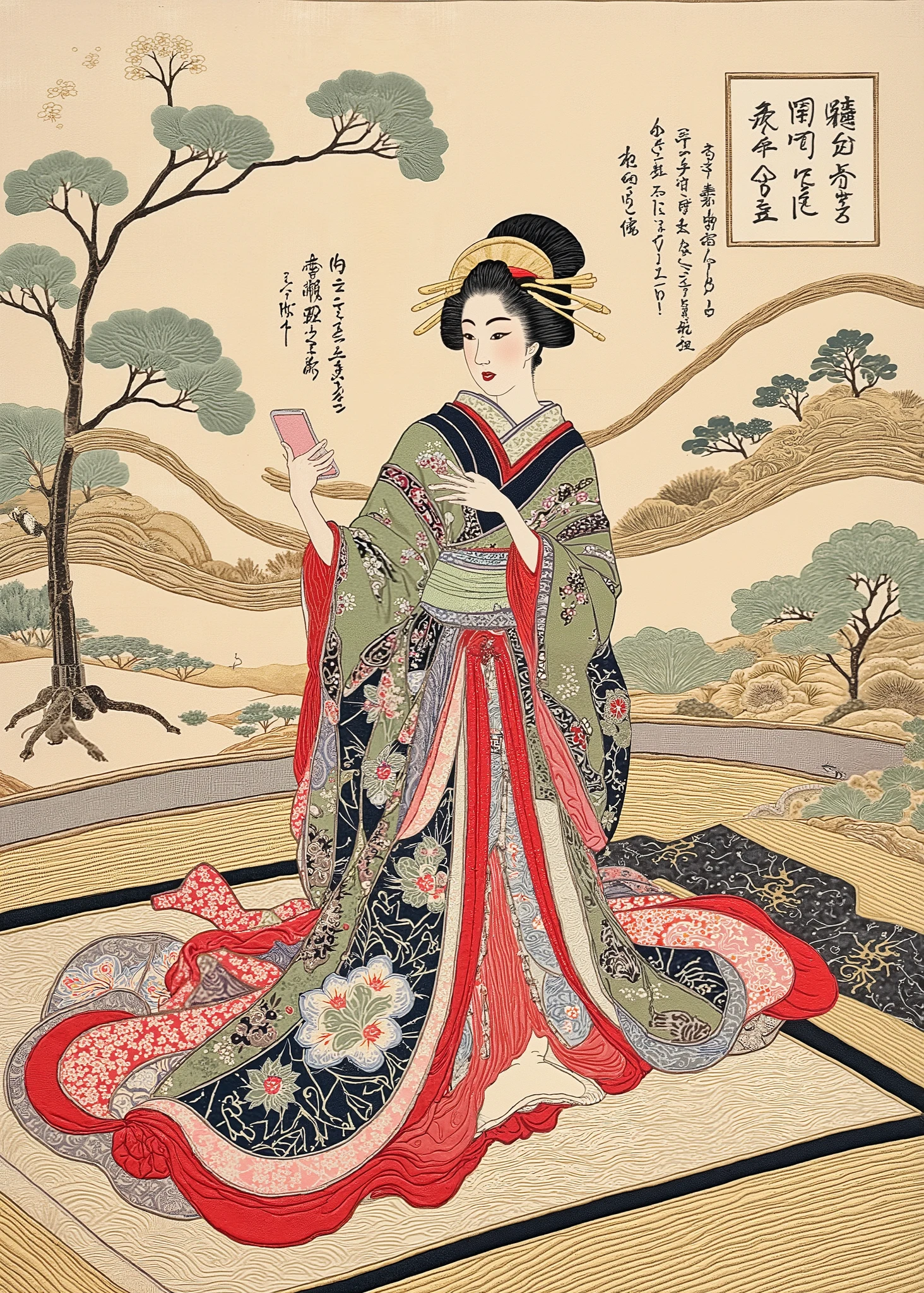   Ukiyo-e Style , 派手な kimonoを着たゲイシャがスマートフォンを操作している,  tatami mat、Ukiyo-e on Japanese paper  ,  mixed style of sumi-e and Ukiyo-e  ,  kimono, Zen ink painting ,  tsukioka1 Japanese woodblock print Ukiyo-e 、texture