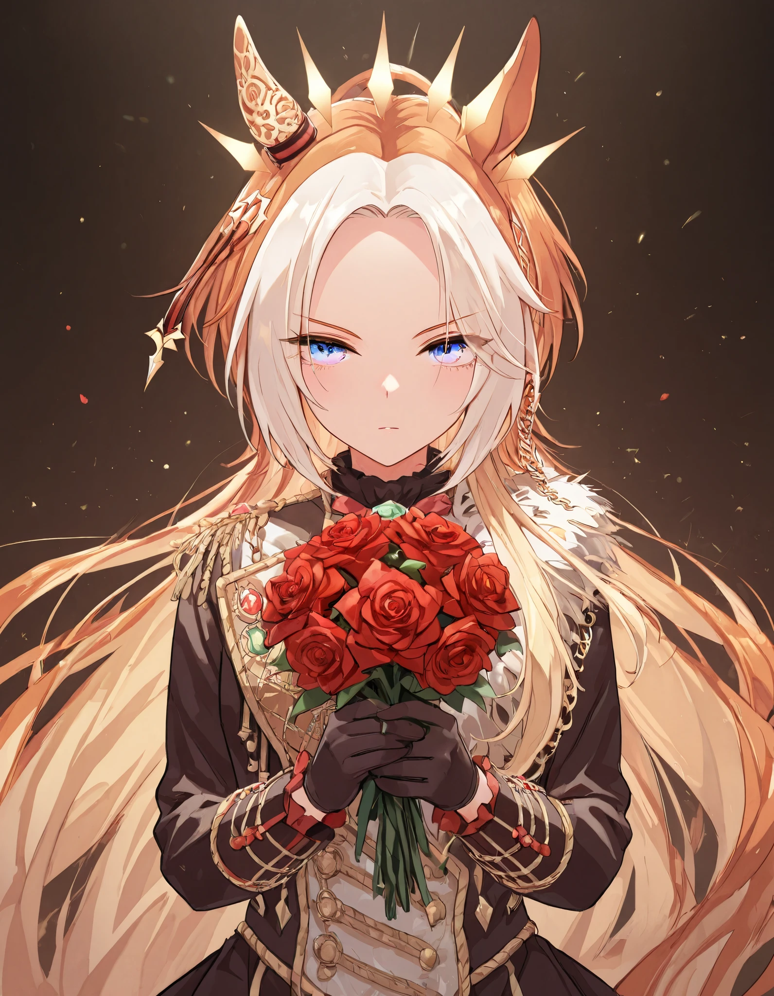 {{{ Masterpiece}}}, {{{ top quality }}}, {{ More details}}, { illustration}, {{ very delicate and beautiful }}, detailed skin, fine eye {{{Uma Musume}}},{{{orfevre:1.7}}},{{{Uma Musume}}} ,ens flare, stylish pose, holding a bouquet of flowers,、Blond hair and red hair