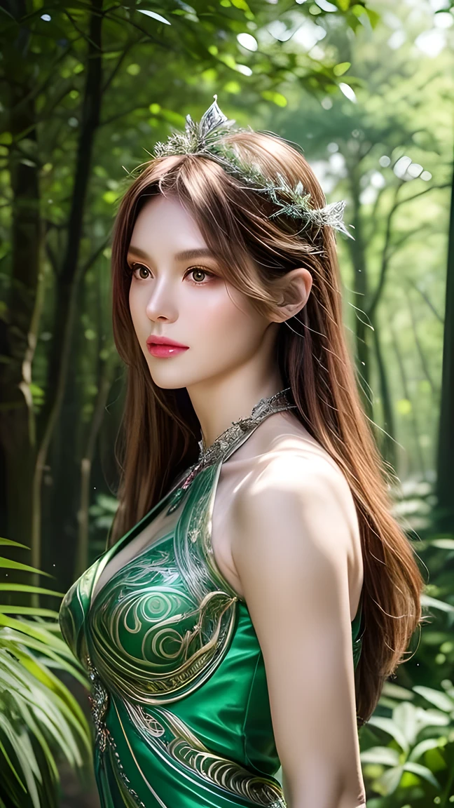 masterpiece, (photorealistic:1.4), best quality, beautiful lighting, autumn forest, outdoors, upper body, 1 girl, natural beautiful female, slender woman, noble queen of autumn, blushing face, smiling, chignon bronze hair, green eyes, detailed, intricate, RAW photo, 8k uhd, film grain,
intricate detail beige lace brassiere, hemp loincloth,
flapping cloak, extremely detailed gorgeous amber tiara, amber necklace