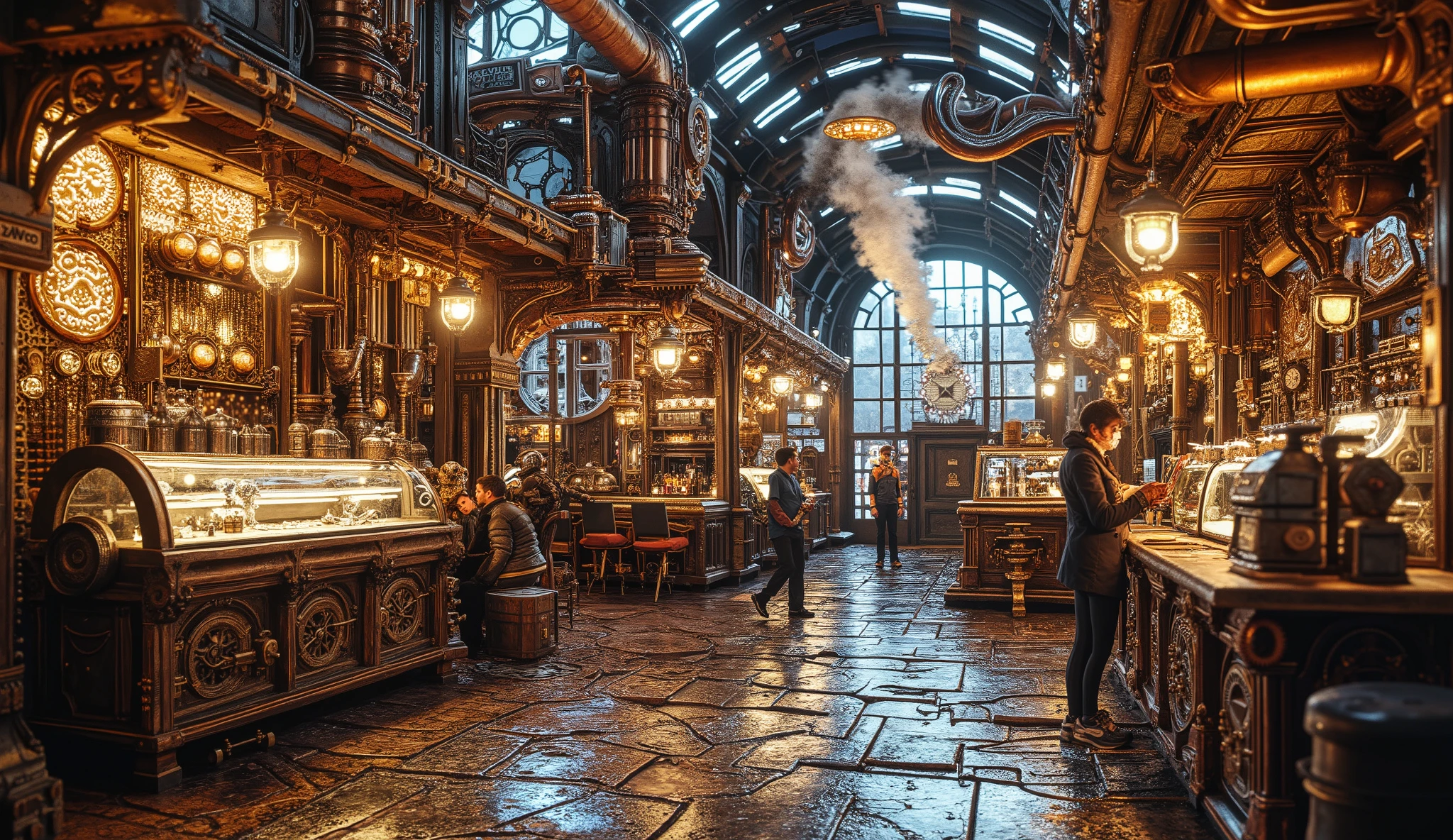 A lively steampunk marketplace filled with Victorian-style stalls and vendors selling futuristic gadgets. The scene is dominated by glowing gold and silver tones, with swirling steam effects rising from the ground. Intricate brass gears and copper pipes decorate the stalls, while glowing neon lights illuminate the area. Cinematic lighting enhances the retro-futuristic aesthetic, creating a highly detailed and vibrant composition.