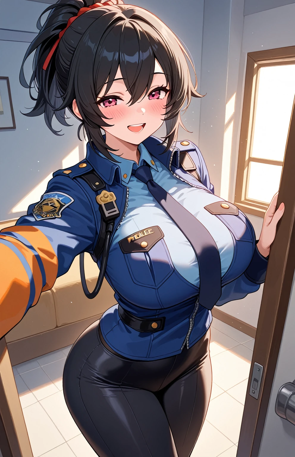 (Perfect body),Best Quality,masuter piece、(8K Portrait),(Official art)、((Police Woman)),blush,Sweat,((large udder))、((((nipples are protruding))))、Right-handed salute、Left hand on hip、((A smile))、(Dark hair),((bob cuts))、Yellow eyes,(thick thighs)、Cowboy Shot、Navy blue jacket、(((((High leg retard with torn chest)))))、Spread legs、Kneeling