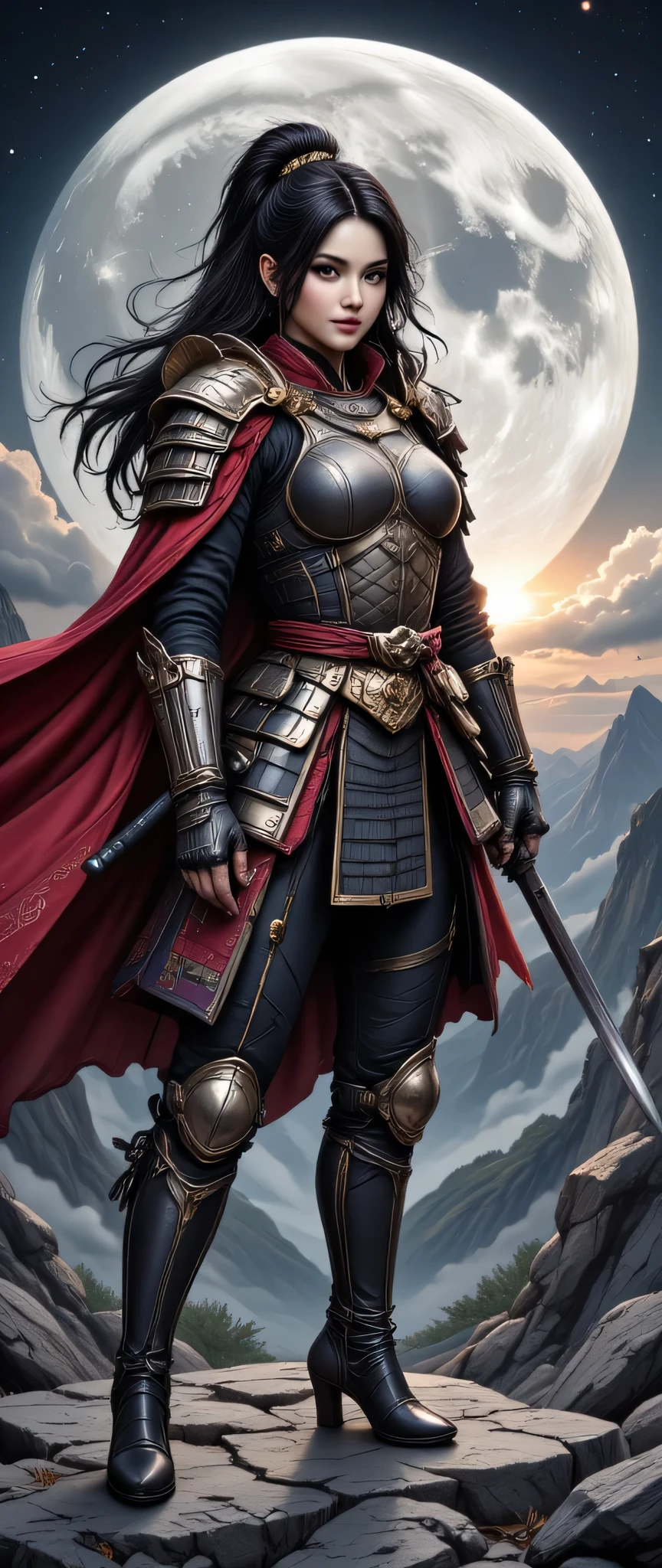 a picture of Japanese female samurai, she has long black hair, wearing samurai armor, armed with a katana, ready for battle, wearing samurai armor, wearing high heels boots, red cape,  the sun is setting down in the background, she stands on a blue moon in space, bleak moon surface in outer space, strange nebula in the background, star constellation (Masterpiece: 1.5), best quality, 16k, ultra detailed, masterpiece, best quality, (extremely detailed), dynamic angle, ultra wide shot, photorealistic, RAW, fantasy art, dnd art, fantasy art, ((SFW:1.5)), hyp3rd3tail style