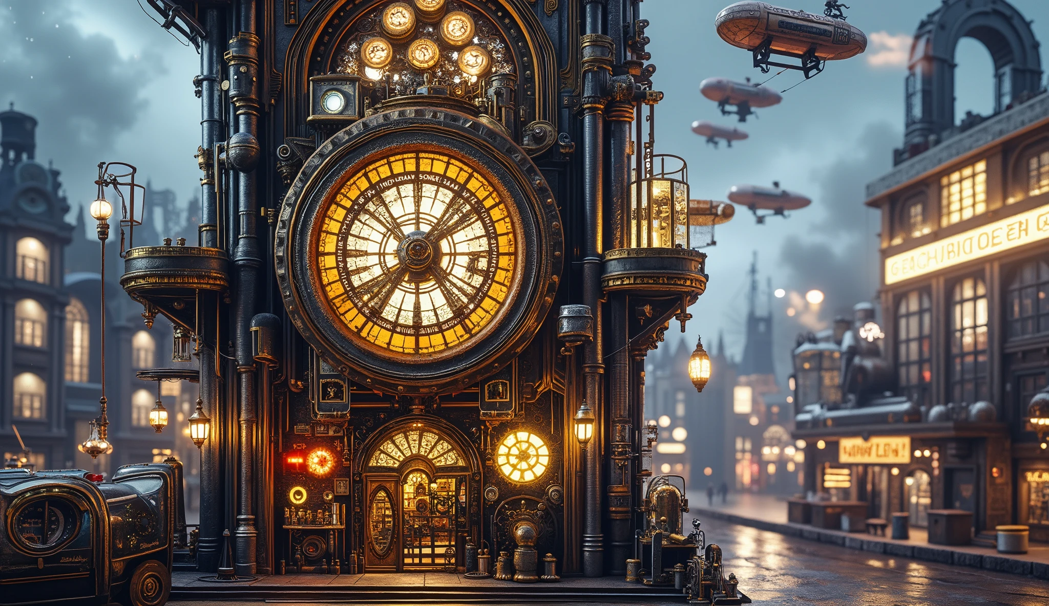 A massive steampunk clock tower with intricate brass gears visible through its glass panels, illuminated by glowing gold and silver lights. The tower stands tall in the middle of a steampunk city, surrounded by swirling steam effects. Airships fly in the sky above, while glowing neon lights reflect off the polished metal surfaces. Cinematic lighting enhances the retro-futuristic aesthetic, creating a highly detailed and vibrant composition.