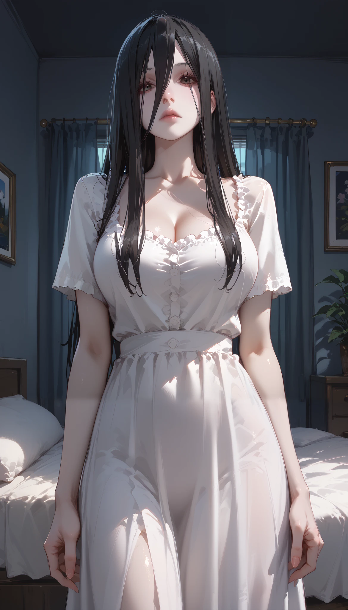 Sadako、Female ghost、 White One Piece Dress、Big Breasts、Standing still、Astonished、 expressionless、I'm staring at my lower body、 apartment bedroom、night、 dark room