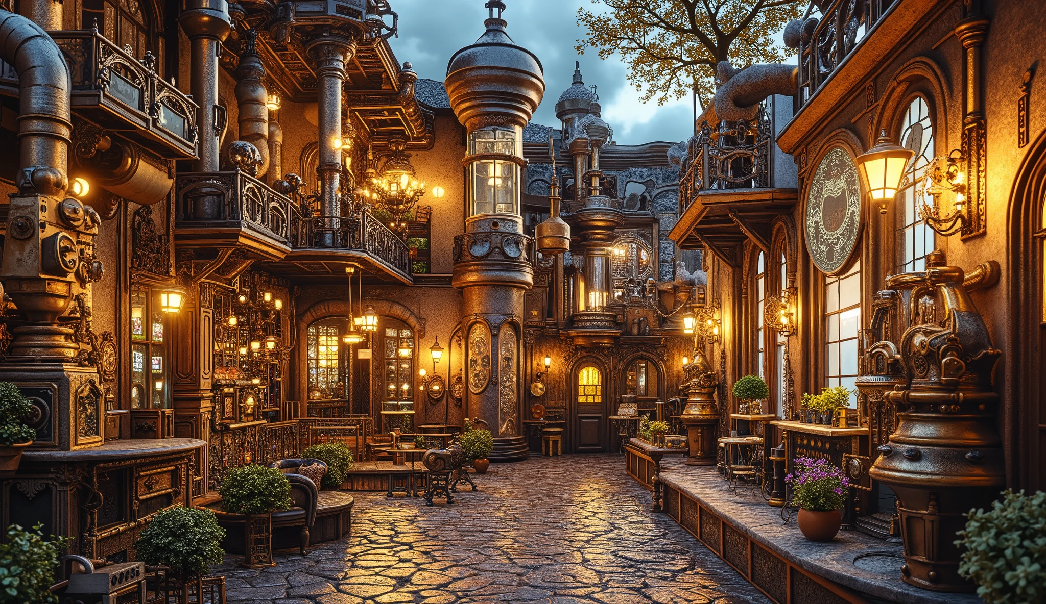 A luxurious steampunk garden filled with glowing gold and silver tones. Intricate brass statues and ornate gas lamps decorate the garden, surrounded by swirling steam effects. Victorian-style buildings can be seen in the distance, while glowing neon lights illuminate the area. Cinematic lighting enhances the retro-futuristic aesthetic, creating a highly detailed and vibrant composition.