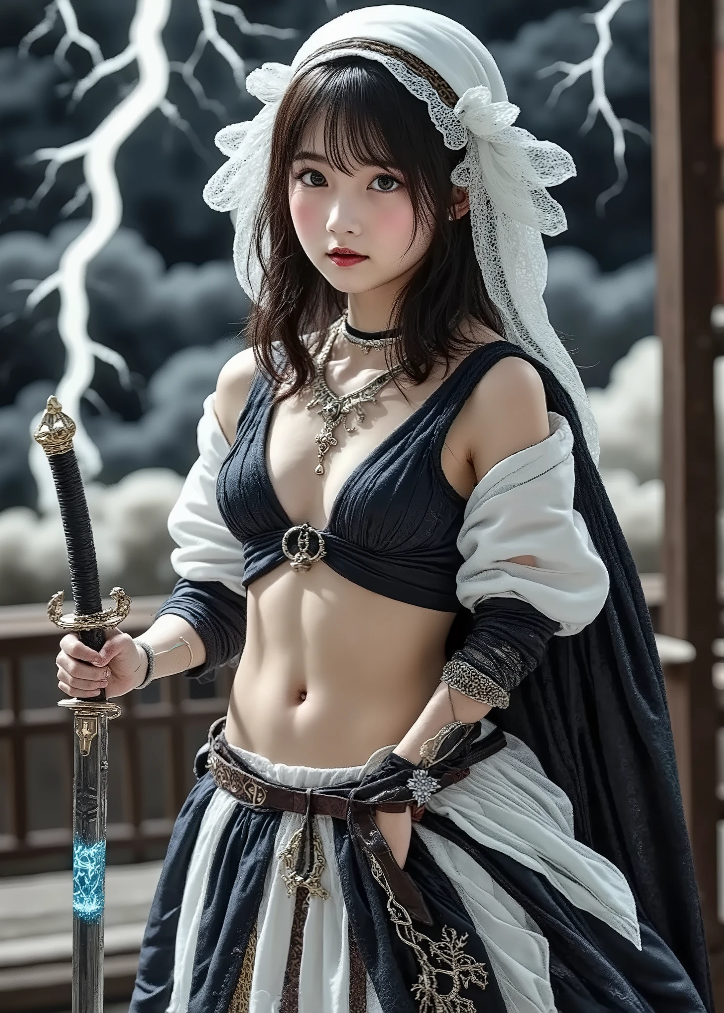 Super real full body photo , young girl ,身穿龐克風连帽 Knights Templar裝, Carries a Japanese sword that shines blue ,I can see my beautiful stomach 、 Knights Templar, with lightning in the background from between the swirling clouds