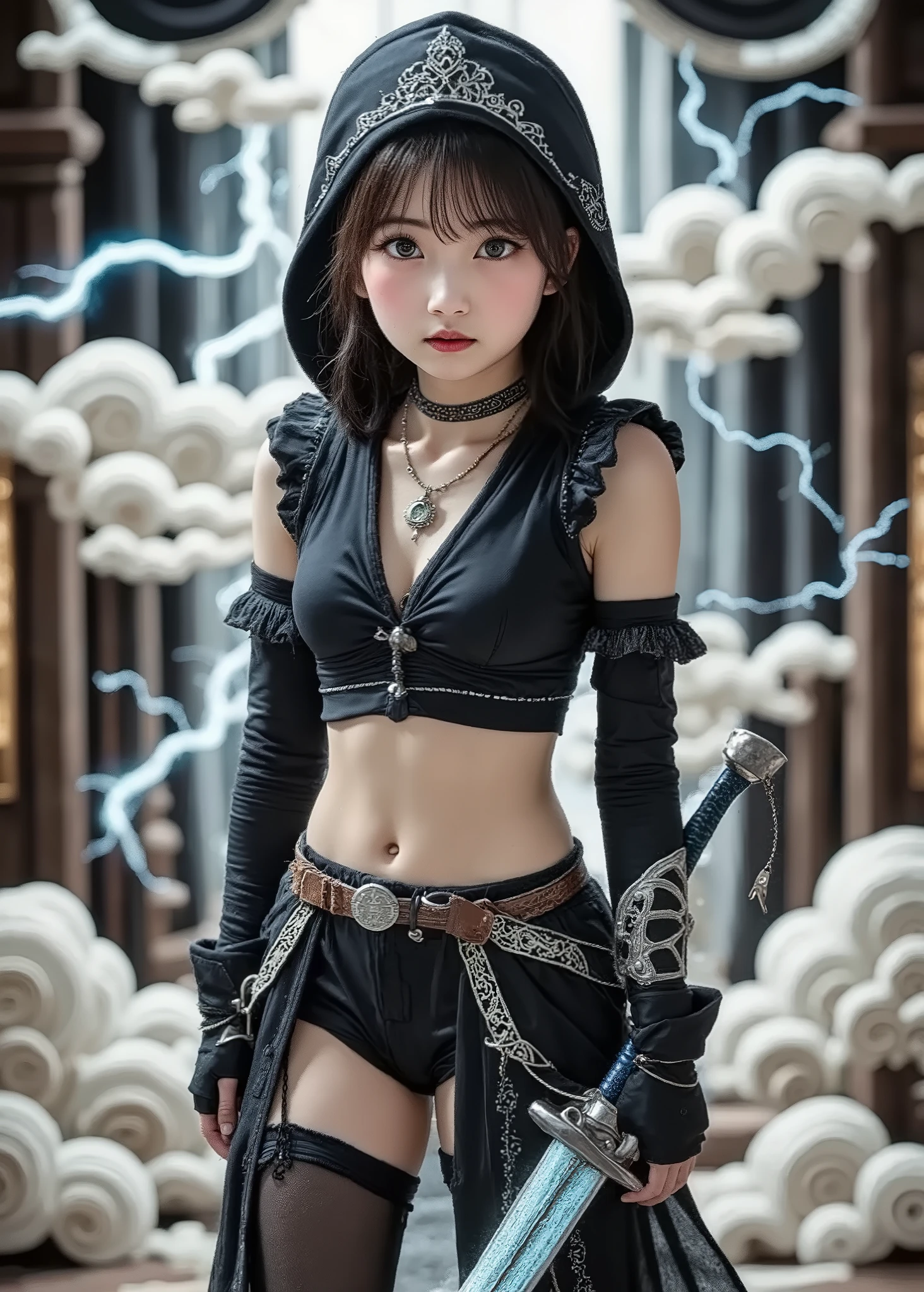 Super real full body photo  ,  young girl ，身穿龐克風连帽 Knights Templar裝, Carries a Japanese sword that shines blue  ,I can see my beautiful stomach 、 Knights Templar， with lightning in the background from between the swirling clouds 