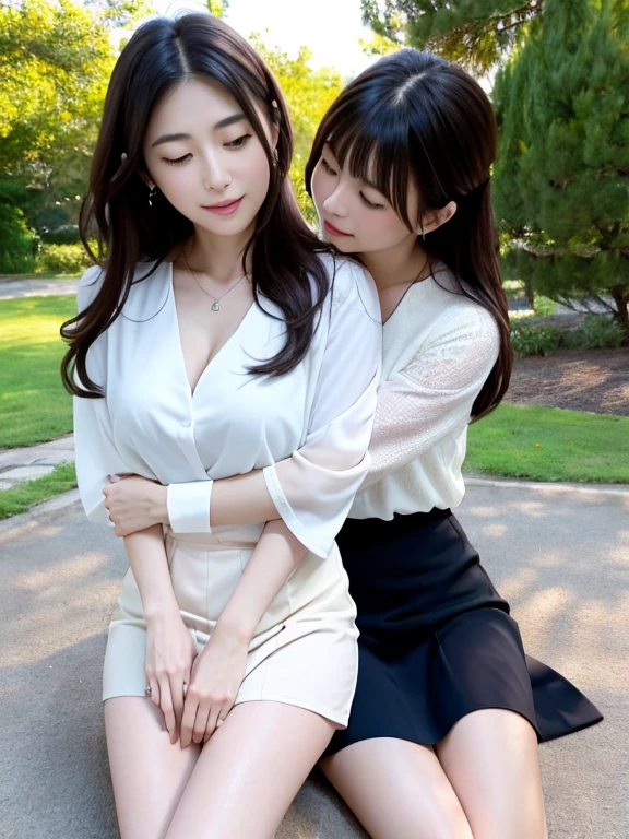 deux femmes ensemble de 18 ans sexy et mince , white short sleeve checkered shirt, dans un jardin de fleur, se touche,position sey,sensuel