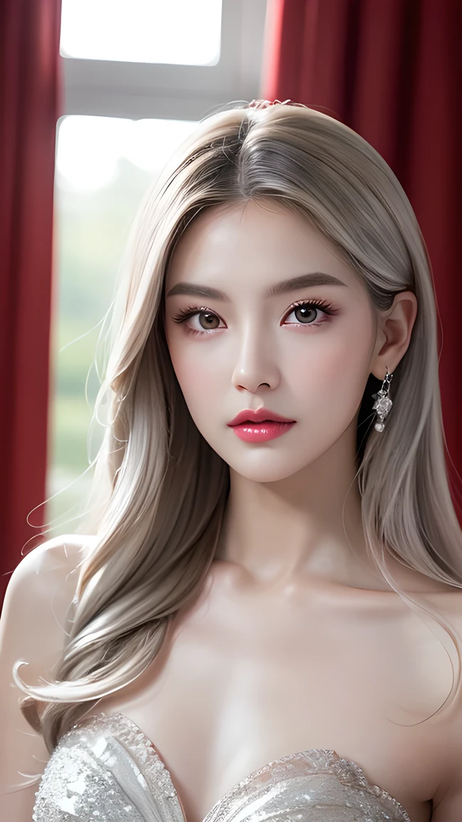 Best Works，Super  High quality work ，4K:2.0，  Ultra High Definition ，8K HD CG production， High Quality Graphics ，3D HD CG photos，Ultra-high resolution， Super delicate ：1.1，Technical Details：1.1，室内灯 lighting effects 果：1.1，Natural Dimming， lighting effects ，  Dark velvet curtains  ，Fashion Clothing Photos，Exquisite and sexy woman，A mature and sexy woman， Sister Wang Family Temperament ， Characteristics of European and American women ，Mixed race beauty，Temperament goddess，Silver Hair，She has long white and Silver Hair，Cleansing hair， Carefully Crafted Hair （High-quality hair details：1.1）  beautiful and delicate eyebrows and eyelashes ， big eyes，, light red eyes ，Sexy red lips， Perfect Lip Shape ，Clear skin texture，Hydrated skin（ Advanced facial details：1.1）The face of a perfect goddess， Perfect Fit，Top supermodel， devil figure，Hip lift，man&#39;Very thin waist，Long Legs，（ Advanced Skin Details ：1.1），smooth，Wear an evening gown，Bright red dress, ((闪光 dress:1.5))Sequined blood red evening dress， dress， black stockings ，Scarves，蕾丝 dress（ High Quality Lace Details ：1.1）Bright red，Very bright blood red， HEELS，livestock，Wearing Jewelry，Earrings and Nipple Rings， necklace， Bracelet，Have dinner， full body photo，Costume Art Photos， High quality work 