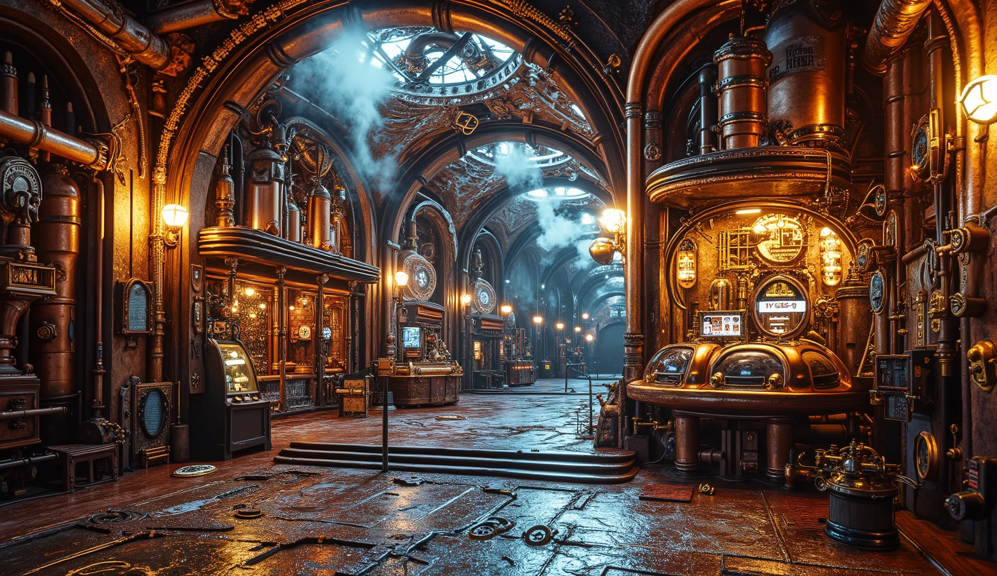 A steampunk underground tunnel filled with intricate copper pipes and brass gears, illuminated by glowing gold and silver lights. Swirling steam effects fill the air, creating an atmospheric and mysterious environment. Glowing neon lights reflect off the polished metal surfaces, enhancing the retro-futuristic aesthetic. Cinematic lighting creates a highly detailed and vibrant composition.