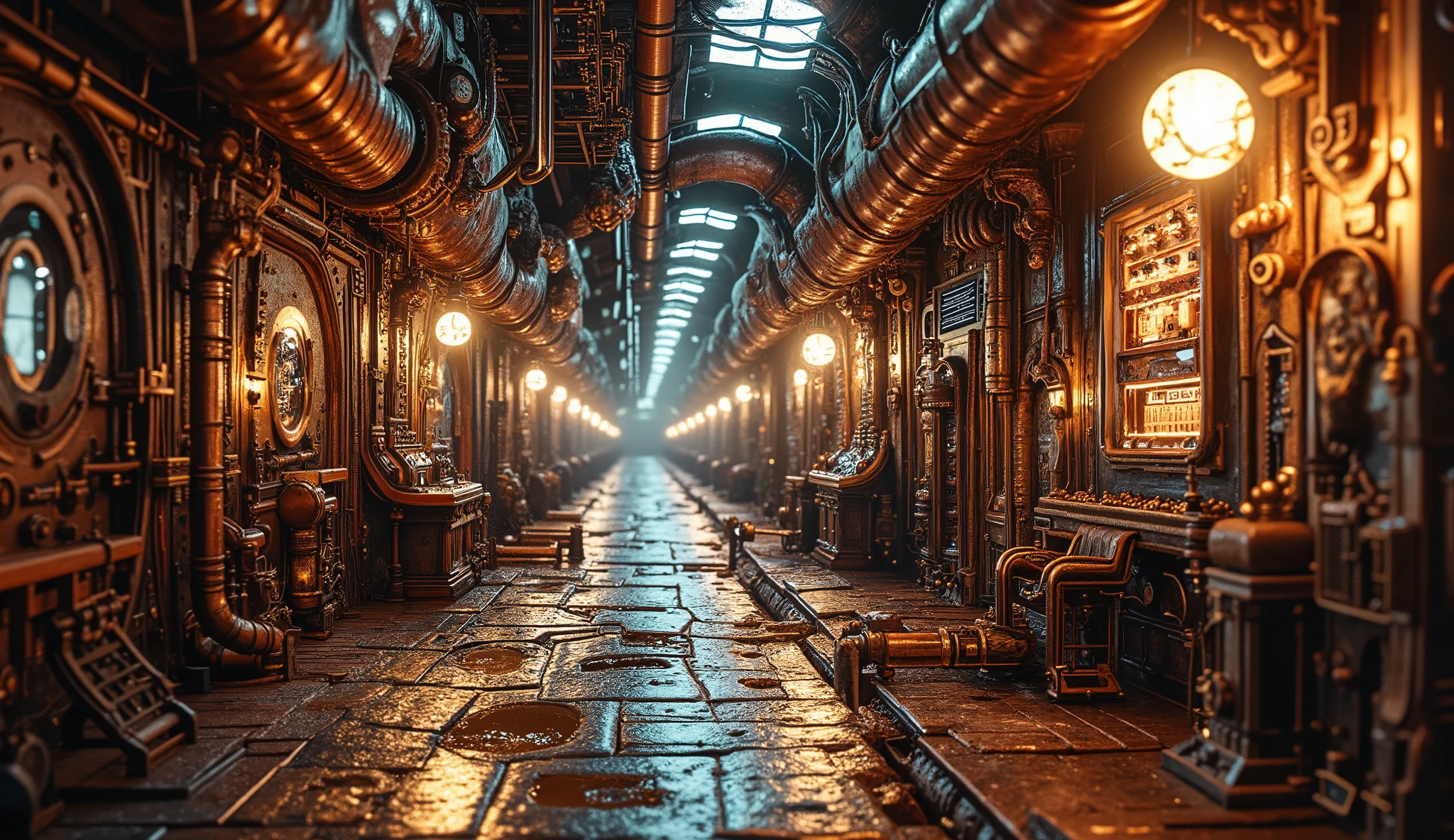 A steampunk underground tunnel filled with intricate copper pipes and brass gears, illuminated by glowing gold and silver lights. Swirling steam effects fill the air, creating an atmospheric and mysterious environment. Glowing neon lights reflect off the polished metal surfaces, enhancing the retro-futuristic aesthetic. Cinematic lighting creates a highly detailed and vibrant composition.