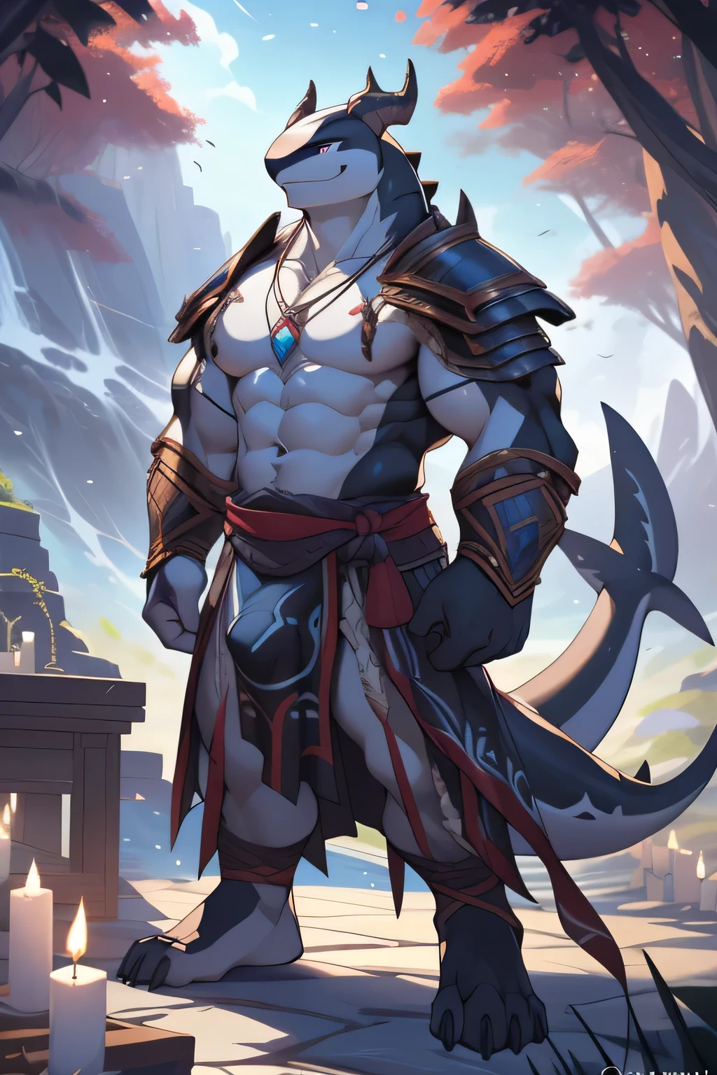 Subido el E621, (orca anthro macho), En pie, solamente, Muscle, Textura de escala detallada, Castillo Viejo, (campo de batalla), (Ropa tribal, ((taparrabos largo))), (Armadura de hombro, Armadura de pierna), (cuerpo blanco y negro, vientre blanco), (Arte de Chunie, (Drakgem), ((Rakisha)), (Kontanagamori)), (Front view), luciendo complacido, [Fondo simple de playa], obra maestra, caustics, Rim Lighting, single light source, sharp shadows, Retrato en solitario, (digitigrade), (kemono), Por Inessa Garmash, Greg Rutkowski, Pino Daeni, Ruan Jia, (light particles), rose petalsonly, masculino, (musculoso), shark, (orca anthro masculino): 1.3, cuerpo negro, vientre blanco, (arrodillado): 1.3, (kemono: 1.4), (ropa tribal, collar de dientes de tribu, White trousers, brown pattern :1.2), ojos detallados, shark tail, cuerno, ((busto retrato)), (ojos detallados, ojos anillado, ojos brillantes):1.1, (al aire libre:1.35), altar, fuego, humo, bosque, vela, noche, (particuls, glowworm, azul brillante): 1.3, fondo detallado, fotorrealista, manos un poco realista, 8k hd, (sombras oscuras, wide dynamic range, hdr,