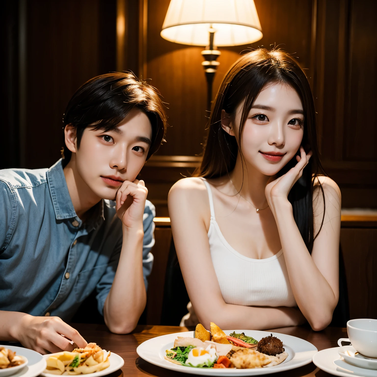 happy korean couple romantic hotel dinner
