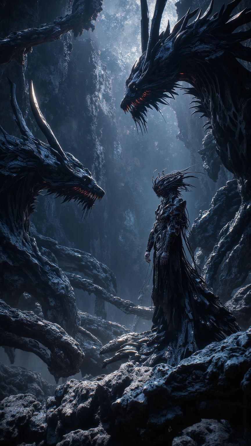 a haunting and surreal landscape, dark and twisted creatures, gloomy atmosphere, dystopian nightmare, cinematic lighting, moody dramatic colors, (best quality,8k,hyperrealistic,photorealistic:1.4),(intricate,highly-detailed:1.2),(zdzislaw beksinski style,dark fantasy,horror:1.3),dramatic chiaroscuro lighting,ominous mood,melancholic tones,unsettling atmosphere,twisted organic forms,nightmarish entities,macabre and haunting