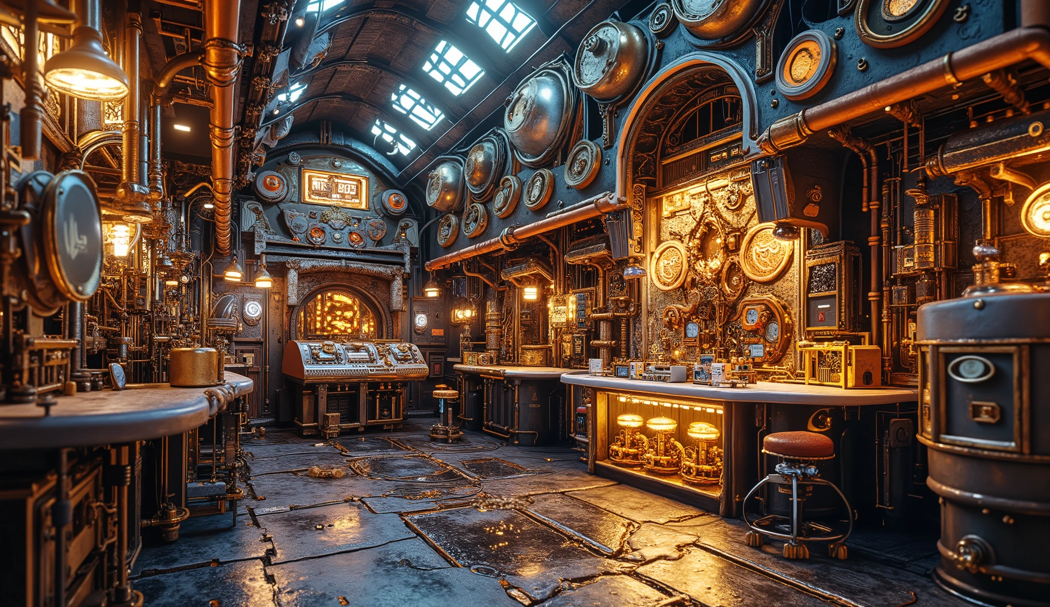 A steampunk laboratory filled with intricate brass gears, copper pipes, and glowing energy cores in gold and silver tones. Swirling steam effects fill the air, creating an atmospheric and futuristic environment. Glowing neon lights illuminate the area, enhancing the retro-futuristic aesthetic. Cinematic lighting creates a highly detailed and vibrant composition.