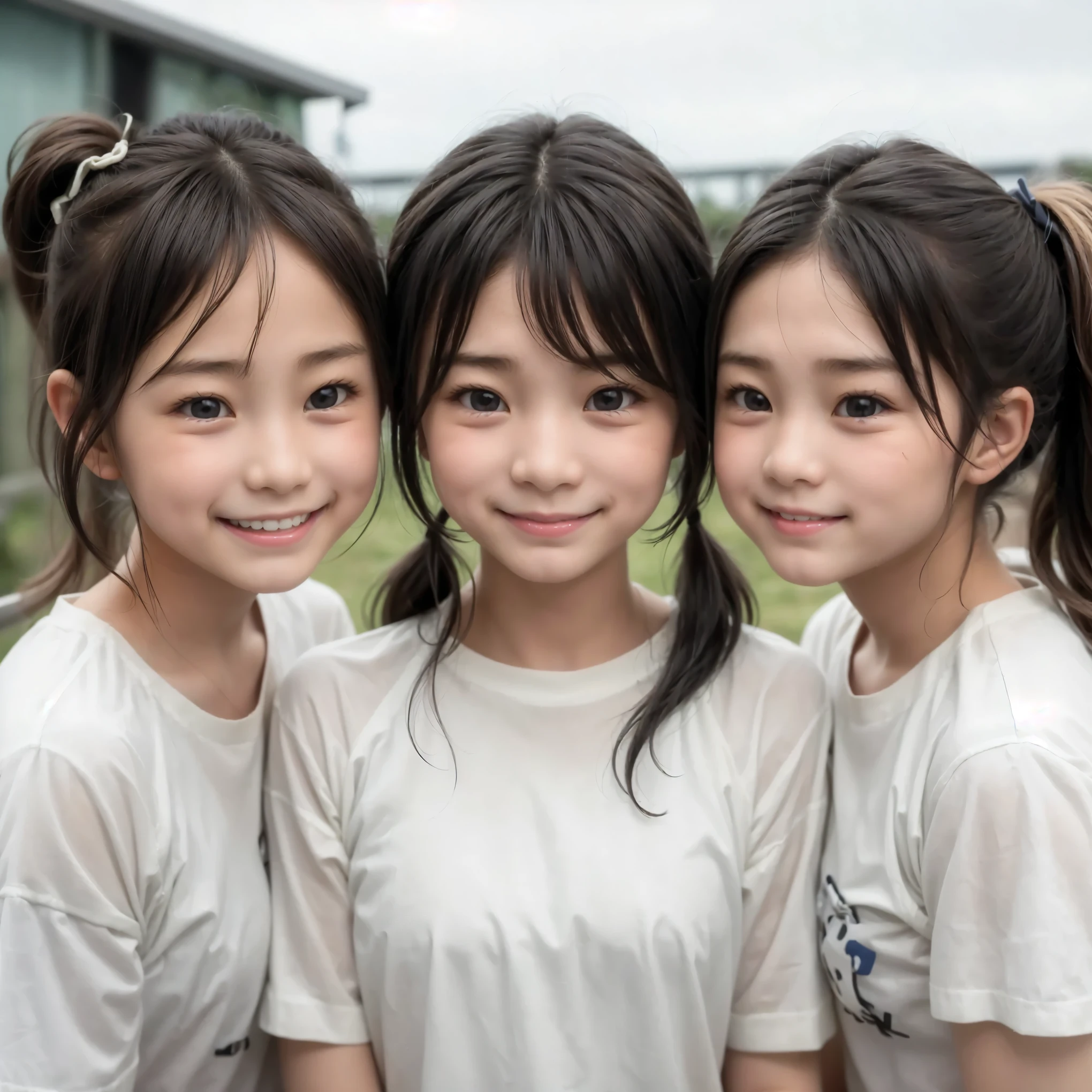 cute Japanese girl with blond ponytail、Blonde hair is violently disheveled due to strong winds 、smile、