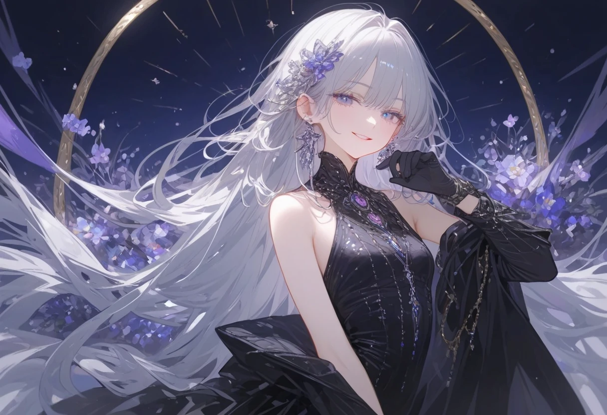 Feminine boy, soft womanish facial features, smile, squinted siren dark blue eyes without glare, silver and dark purple long loose hair with straight bang, fantasy black clothes with blue and purple elements, long black gloves, model, gorgeous, elegant, lots of silver jewelry, flowers in his hair, skinny body, hourglass figure, light lipstick, pants