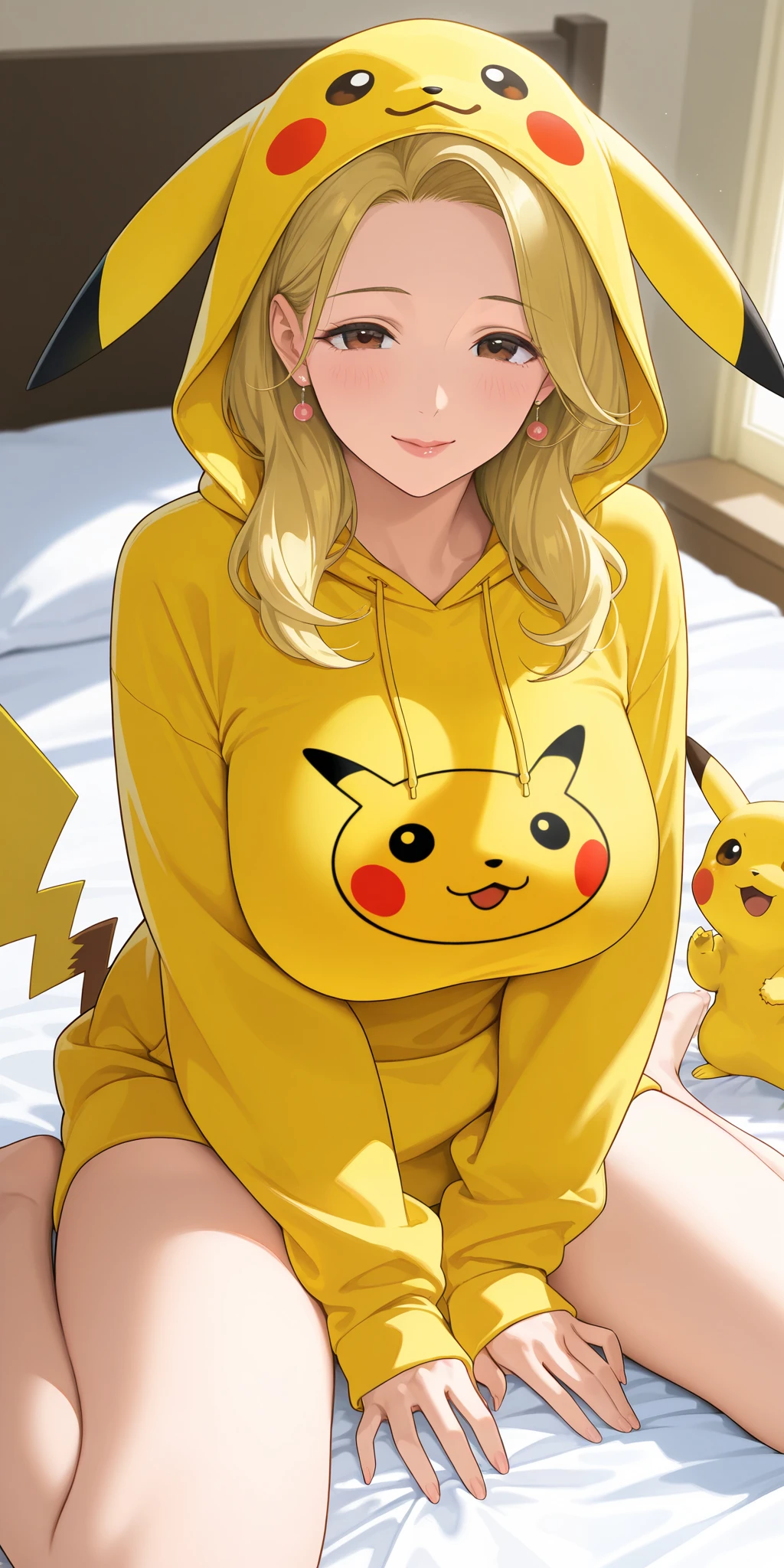 mature female, housewife, blonde hair, pikachucosplay, pikachu \(pikachu\), character print, hood, hoodie, yellow hoodie, milf, soft light, high detailed, best quality, on bed, wariza, w sitting