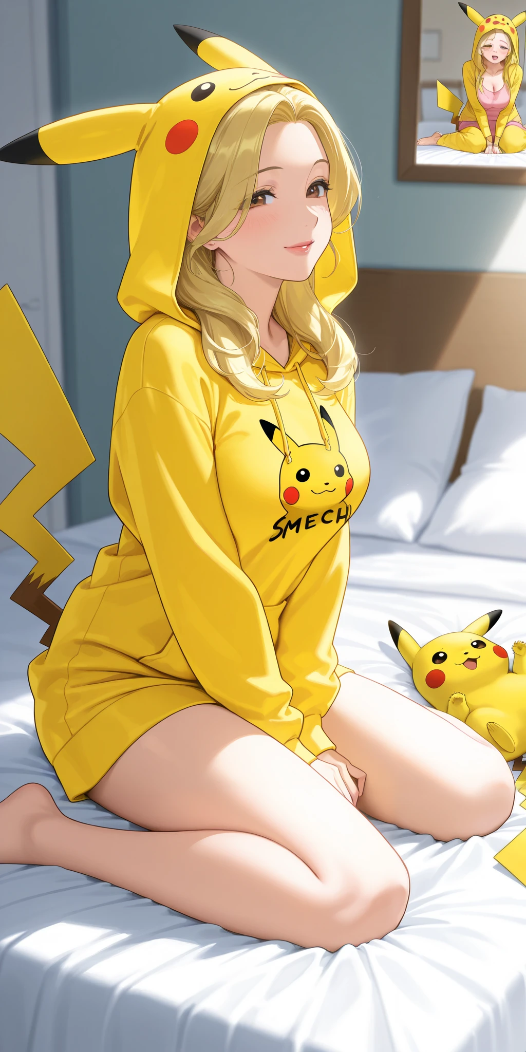 mature female, housewife, blonde hair, pikachucosplay, pikachu \(pikachu\), character print, hood, hoodie, yellow hoodie, milf, soft light, high detailed, best quality, on bed, wariza, w sitting