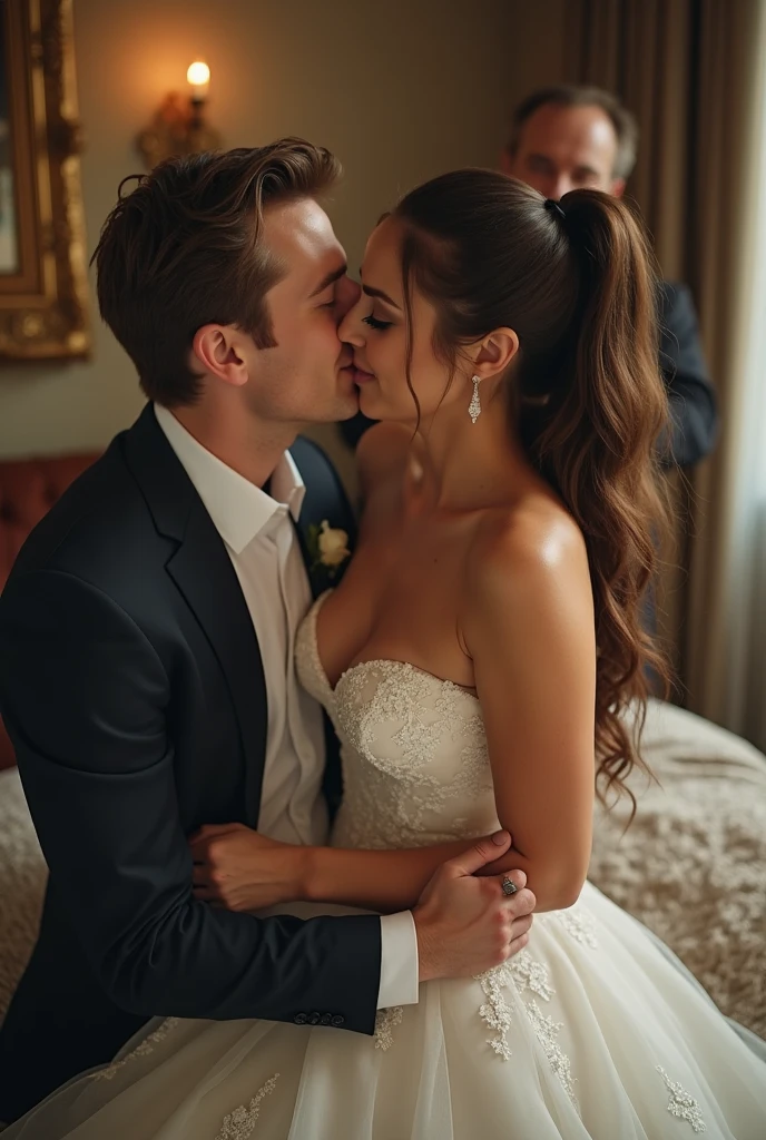 45 year old Father passionately kissing his 15 year old daughter. The father is in a tuxedo and the daughter is in a form fitting evening gown with the father's hand cupping daughter's butt and the other hand cupping her boob at a father-daughter dance