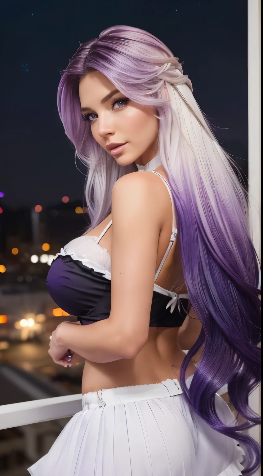 one girl, long wavy light purple lilac hair, realistic green eyes, cleavage, large chest, shiny skin, wearing gold jewelry, plump lips, hard nipples, fully naked, long red nails, sitting on a bed covered in red rose petals, sheer transparent curtains on sunny window, sultry bedroom, large dark wooden ornate bed frame, headshot, close up+, slim torso, soft muscular abs, on hands and knees from behind, showing pussy from behind