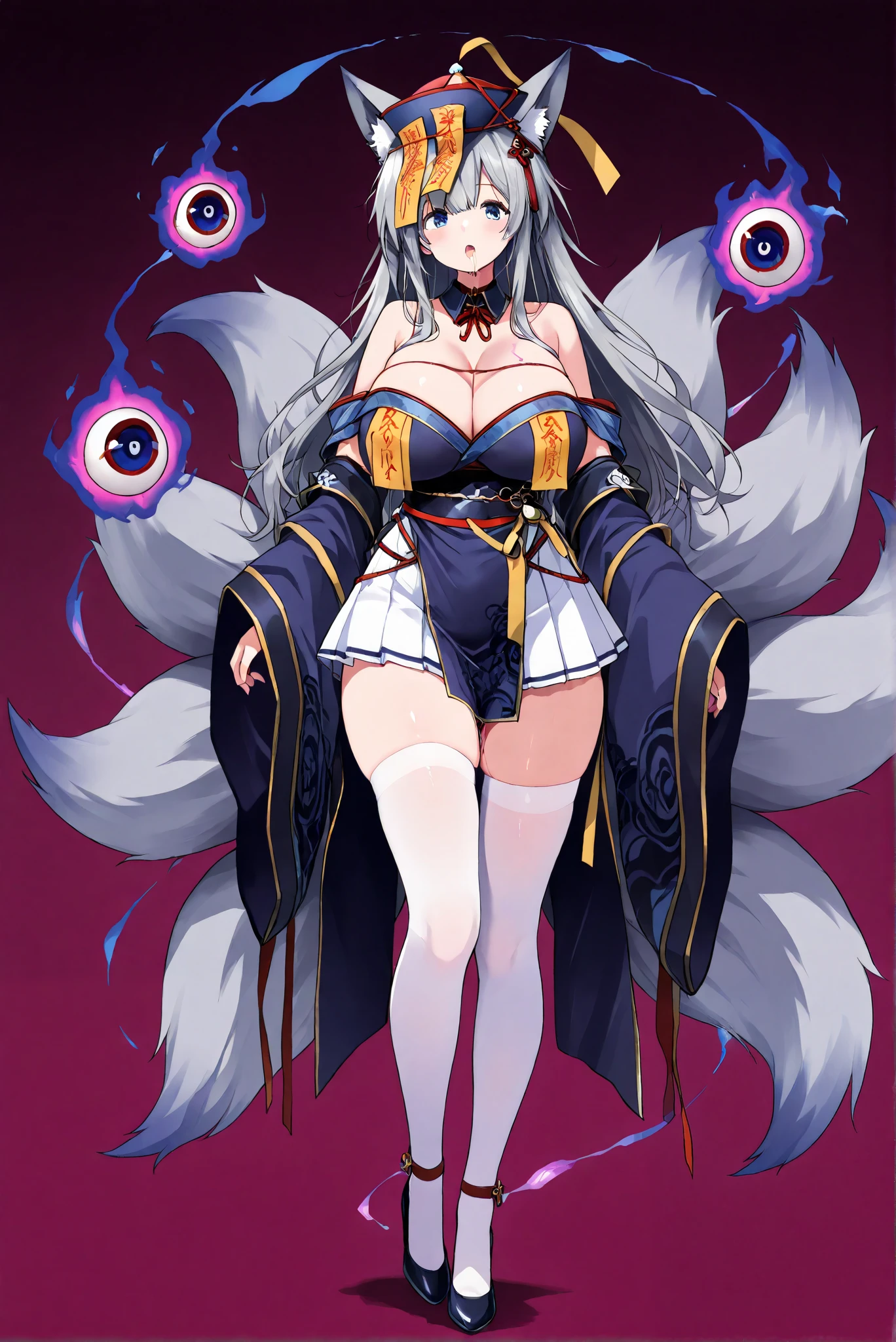 ( stands,whole body:1.7),( Huge Beautiful Big ,Clogs), ( age: mature women)(Body: The whole Body is covered in grey scales)(Chest:huge breasts),a blasphemous eyeball called (Kuromaru:1.1) is flowing around body, saliva , Kuromaru on body with glowing line on clothing, purple flame binding arms, hypnotic spiral purple aura, purple light coiling thighs, gradient background, subtle ambient glow,aashina, long hair, animal ears, hair ornament, blue eyes, breasts, multiple tails, detached collar, bare shoulders, off shoulder, cleavage, japanese clothes, blue kimono, wide sleeves, pleated skirt, white skirt, white thighhighs,before and after,corruption, bimbofication , hwah jah jiangshi ,large breasts, jiangshi costume, white thighhighs, qing guanmao, detached sleeves, HEELS,