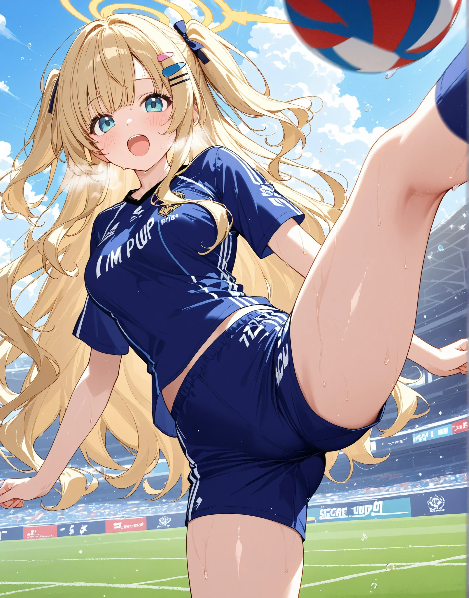 (high quality1.4), (finely detail:1.4), nsfw, 1 girl, Iris \(konosuba\), blonde hair, long hair, grape hair ornament, blue eyes, small breasts, ( erectile nipples), (torn gold cheerleader), (pleated skirt), (cameltoe), anus, smile, wariza, from back, ((very bright stadium:1.4)), ((solo)), (masterpiece, best quality, 8k:1.4),
