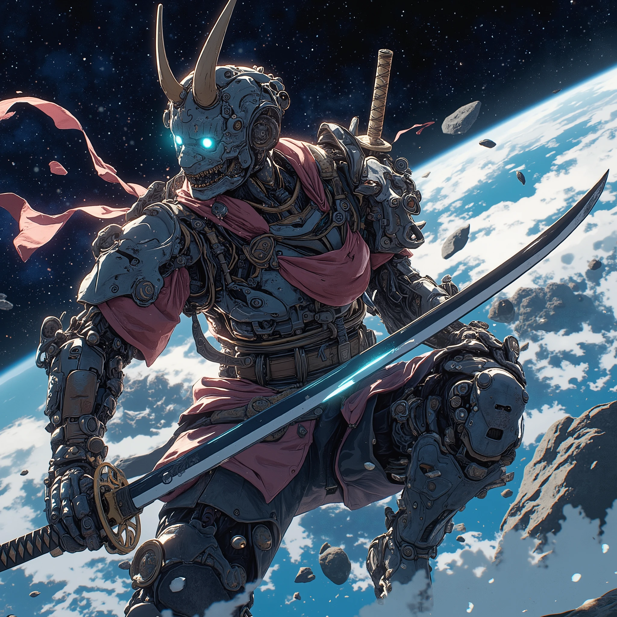 Cyborg Onimusha、A cyborg space samurai is fighting a battle while moving at high speed through space.、Japanese style armor、A large Japanese sword、 Focus on the sword、Cyborg samurai with two-handed sword、He is carrying a sword. Boost. Motion line. Energy field. Space. Asteroid Belt.Mechanical Armor、 action、fight、 dynamic composition、 Active Angle、Japanese samurai helmet、hkwarrior 、 animation 、