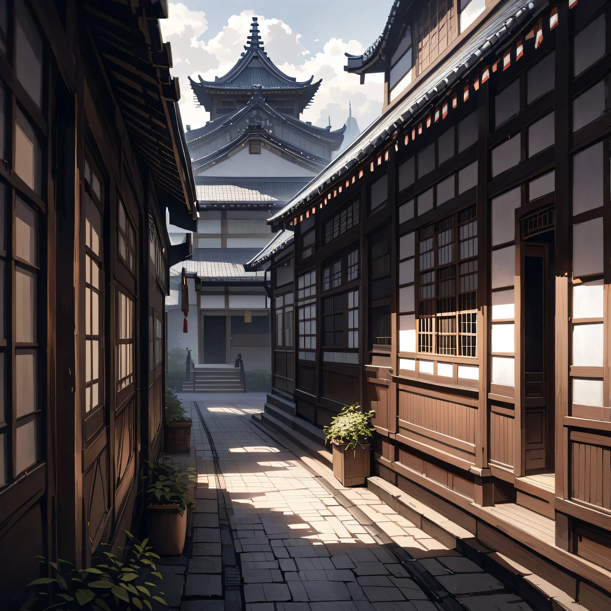  dark natural scenery in the countryside　 Scenery with a dark atmosphere 　cloudy　Shadows are very realistic　 very realistic and detailed shadows　 majestic　Wide　 dark　Traditional　Historic Building　