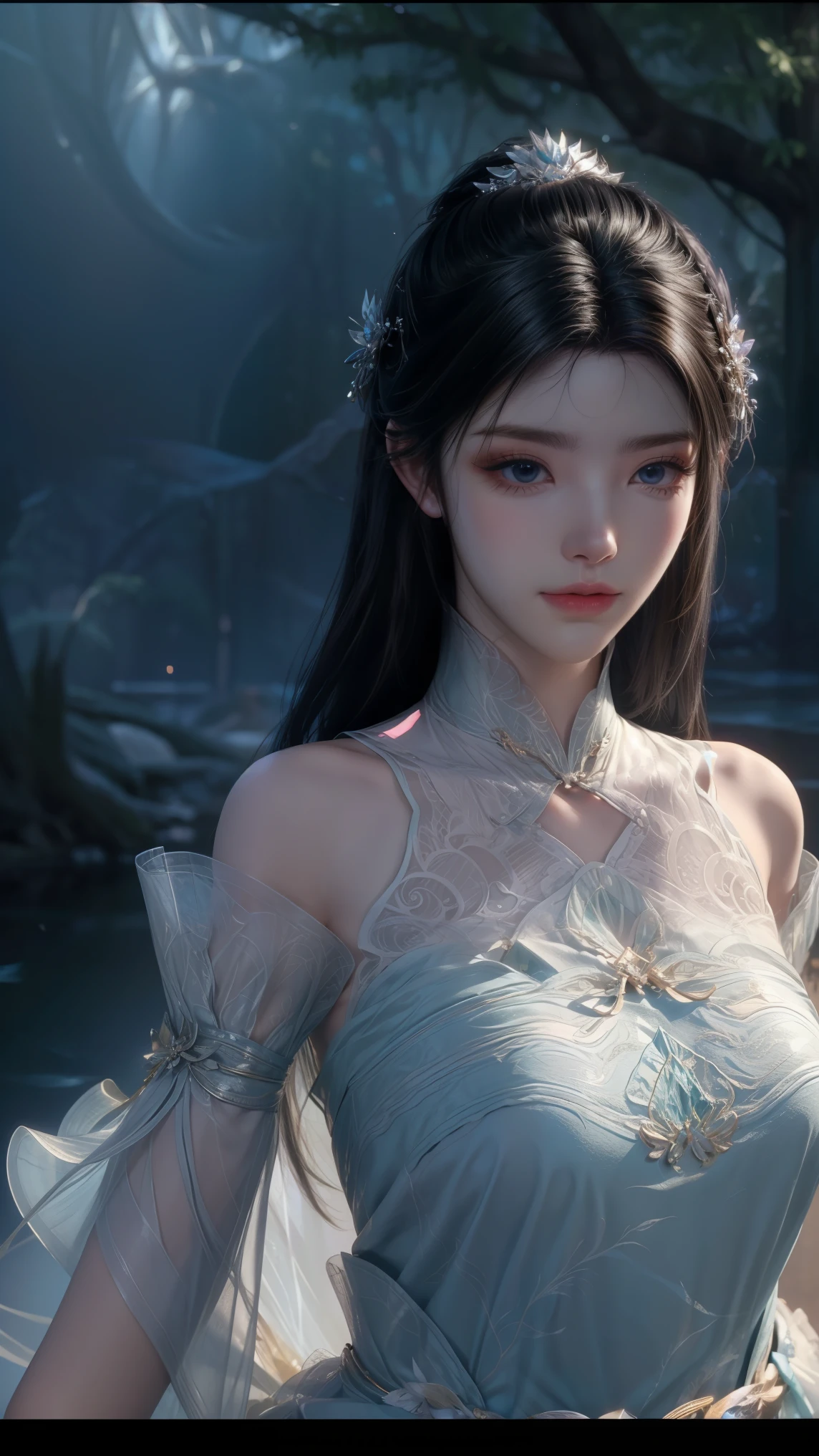 Front view,full body,under water,sea town,deep sea town,light particles, halo, (bioluminescent:0.95), bioluminescent, piercing glare, vibrant, (((colourful))), color, (glowing, glow),ancient long costums, wind blow, blossom,reflection light, depth of field, from behind, multiple views, delicated best quality ,masterpiece, illustration, an extremely delicate and beautiful, extremely detailed ,CG ,unity ,8k wallpaper, Amazing, finely detail, masterpiece,best quality,official art,extremely detailed CG unity 8k wallpaper,absurdres, incredibly absurdres, huge filesize , ultra-detailed, highres, extremely detailed,beautiful detailed girl, extremely detailed eyes and face, beautiful detailed eyes,light on face,1girl, (Super realistic), (black hair), (hair over one eye), (single braid hair), (rainbow eyes), ((hair ornament)), ((jewelry)), (hair jewelry), (((describe the arm in detail))), (((Super ))), ((sagging breasts)), ((Plump body)), (thighs), ((Plump )),, (detailed description of hair), (Bare shoulder), ((collarbone)), (off shoulder), (Shiny skin), (detailed description of face), (Extremely detailed description of the eyes), (detailed description of body), (white and translucent skin), peerless beauty, (extreme beauty), (red lips), (shy ), (seductive smile), ((gothic tia dress)), (every pose),(smiling)