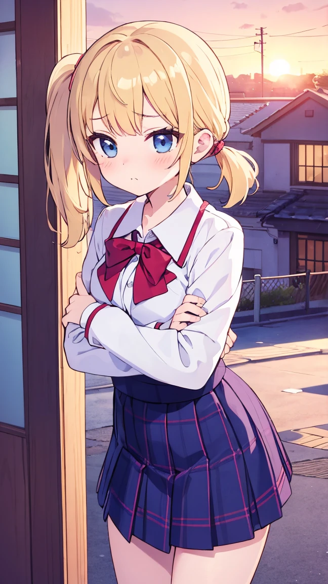 ((Perfect Anatomy:1.2,Realistic:1.3,RAW Photos:1.3,masterpiece、highest quality、Ultra - High resolution、High resolution、Highly detailed CG、8k)),Cowboy Shot. 1 female,alone,18-year-old、high school girl,beautiful girl,Japanese,((Beautiful and graceful face and eyes:1.2,Big beautiful eyes:1.3,)),blonde,Twin tails,(Center parted hair:1.4,amount),Small Head:1.3,thin,((Dark brown skin:1.4)),(Oily skin,Glowing Skin,Shiny skin),(Provocative smile),(school uniform、Dark blue blazer jacket、Checkered pleated mini skirt),((Roll up your skirt)).,((Show viewers white panties)),Are standing. The background is a dirty back alley,((night)),((dark)),Tokyo.