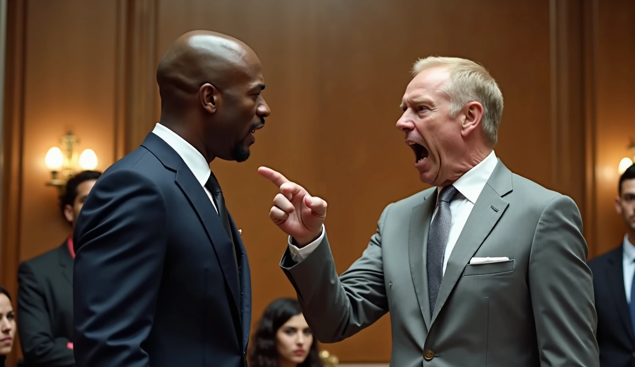 two men, a man with neat hair, which, 2, a little bit small,posing with legendary boxer Mike Tyson, Wearing a neat suit, standing in the ring, coffee shop front background, realistic, UHD.