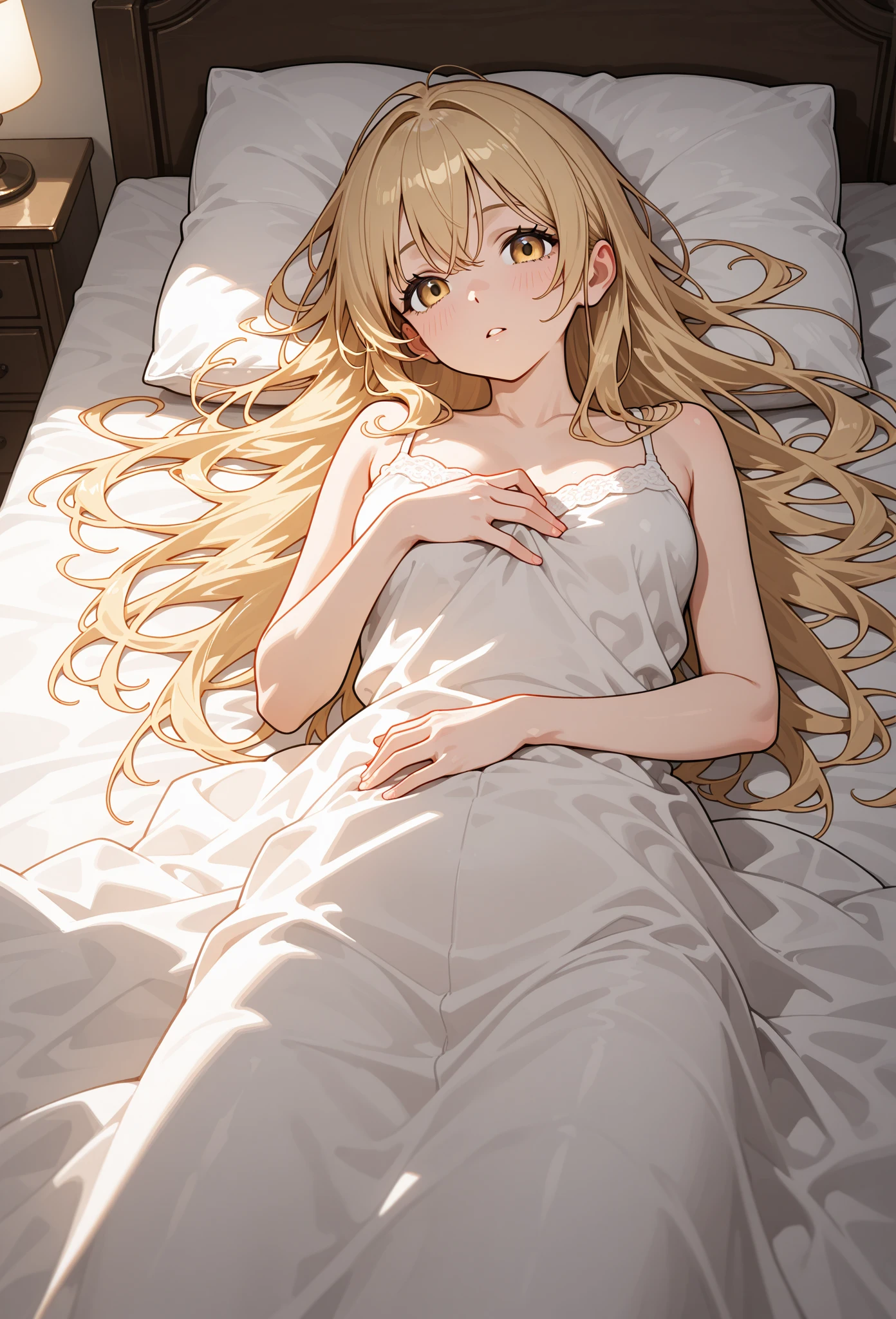 One 15-year-old girl, ((Figure of a person lying on a bed inside the sheets。The person is covered with a sheet、Relaxed。The sheets are softly draped over my body.、Only the face is slightly visible。Simple bedroom background))、((Sexy Underwear)),(Very beautiful and shiny golden hair,Black inner color hairstyle), Beautiful Hair, Facial Contour, Remember, ,Hotel, night、illumination、splash, Lens flare, Natural Color, High resolution, Very delicate, Very detailed, 8k,Lying in bed、（There is only a slight swelling of the chest,About B cup）、Shyness、,((Sexual))