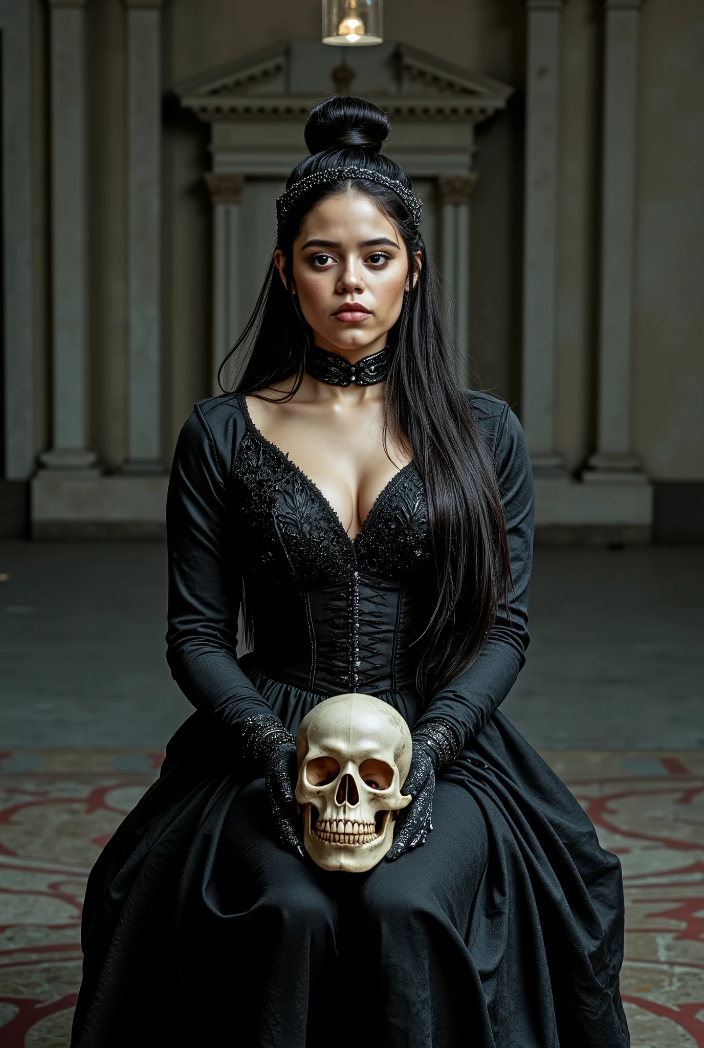 Create a high-quality, realistic photo of Jenna Ortega, accurately depicting her features with precise skin texture. A love that transcends time, High Quality Image, uncensored, 1 Girl, solo, beautiful woman, queen of the night, empress of darkness, long black hair tied back in a bun, long eyelashes, red eyes, half closed, detailed face and eyes, mole under eye, moist lips, slim body, black medieval European dress, high neck, choker, long sleeves, lace gloves, high heels, black veil, empty great hall, seated on throne, looking sadly at one skull in hand, sitting cross-legged, close-up of skull and woman's face, To trigger Jenna Ortega's LoRA, include the keyword 'j3ennaort3ga' in the generation process. The overall mood should convey elegance of Lewd, mystery, and sexify, combining the natural Boobs setting, mystical black, and striking sexy attire to create a captivating and immersive visual experience that embodies the theme of a 'LeWD-Stubborn Girl.'