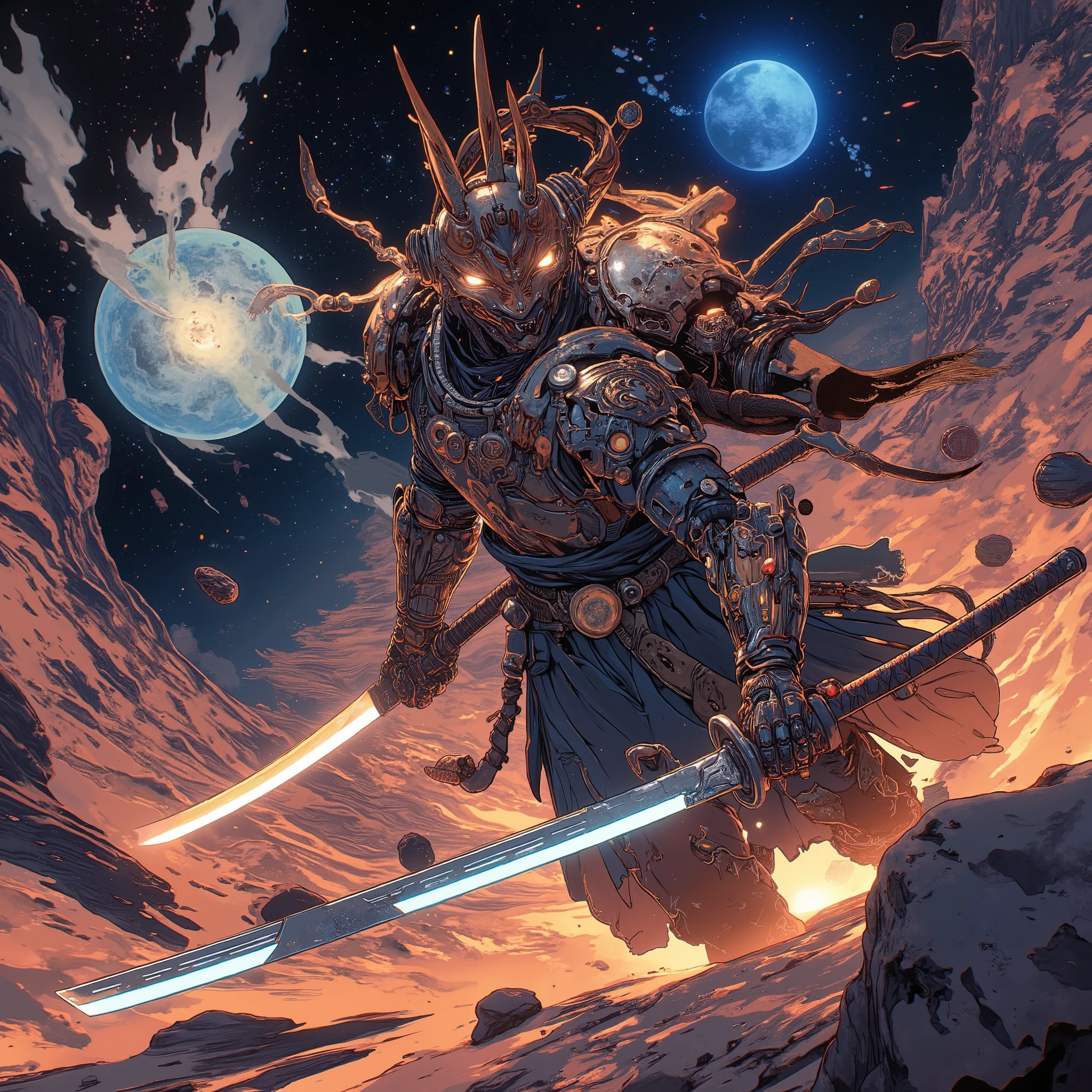 Cyborg Onimusha、A cyborg space samurai is fighting a battle while moving at high speed through space.、Japanese style armor、A large Japanese sword、 Focus on the sword、Cyborg samurai with two-handed sword、He is carrying a sword. Boost. Motion line. Energy field. Space. Asteroid Belt.Mechanical Armor、 action、fight、 dynamic composition、 Active Angle、Japanese samurai helmet、hkwarrior 、 animation 、