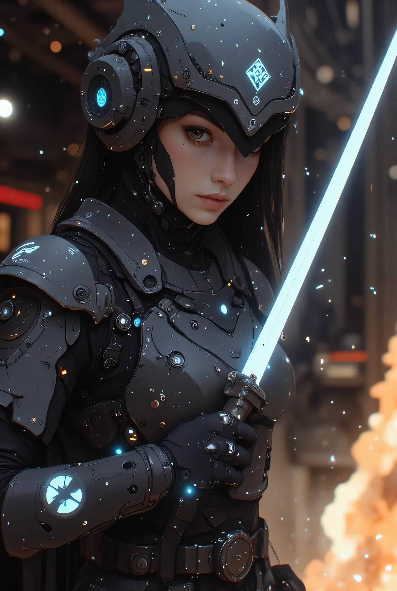 samurai、warrior、A cybernetic female cosmic samurai stands poised on the observation deck of a colossal interstellar battleship, her obsidian space-helm visor reflecting nebula patterns while maintaining her composed warrior’s gaze. Her right arm transforms into an intricate astro-mechanical limb with glowing plasma conduits replacing veins, holographic interface rings floating around articulated joint mechanisms. She grips a plasma-charged kunai crackling with stellar energy in her organic left hand.
Her armor synthesizes traditional samurai kabuto elements with celestial combat systems - meteorite-forged shoulder guards house retractable thruster packs, while her obi belt integrates zero-gravity stabilization modules. The battleship’s pulsating warp core casts an ethereal blue glow across her armor’s nano-weave surface, revealing constellation patterns in the metallic threading.
Behind her stretches the infinite cosmos, dominated by the battleship’s gargantuan cyber-shogunate hull bristling with quantum torpedo bays and prismatic shield projectors. Micro-meteorites spark against the ship’s defensive barrier as she stands anchored by magnetic boots, solar winds billowing her photon-weave haori adorned with holographic clan insignias. Drifting space debris and combat drones frozen in mid-explosion surround the warship, capturing the moment before the battle’s crescendo.