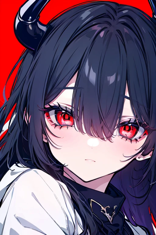 1 girl, pale skin, gray shoulder shirt with black stripe, with black panties, black socks, devil tail, black hair with long bangs, straight black horns, big , with red eyes and big lashes,