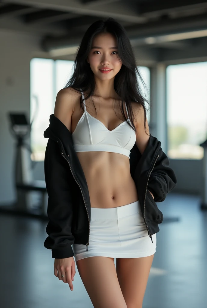 Black woman, Short hair, Teen, big breasts, muscular body, black sports bra, black Thong, black knee socks, white jacket