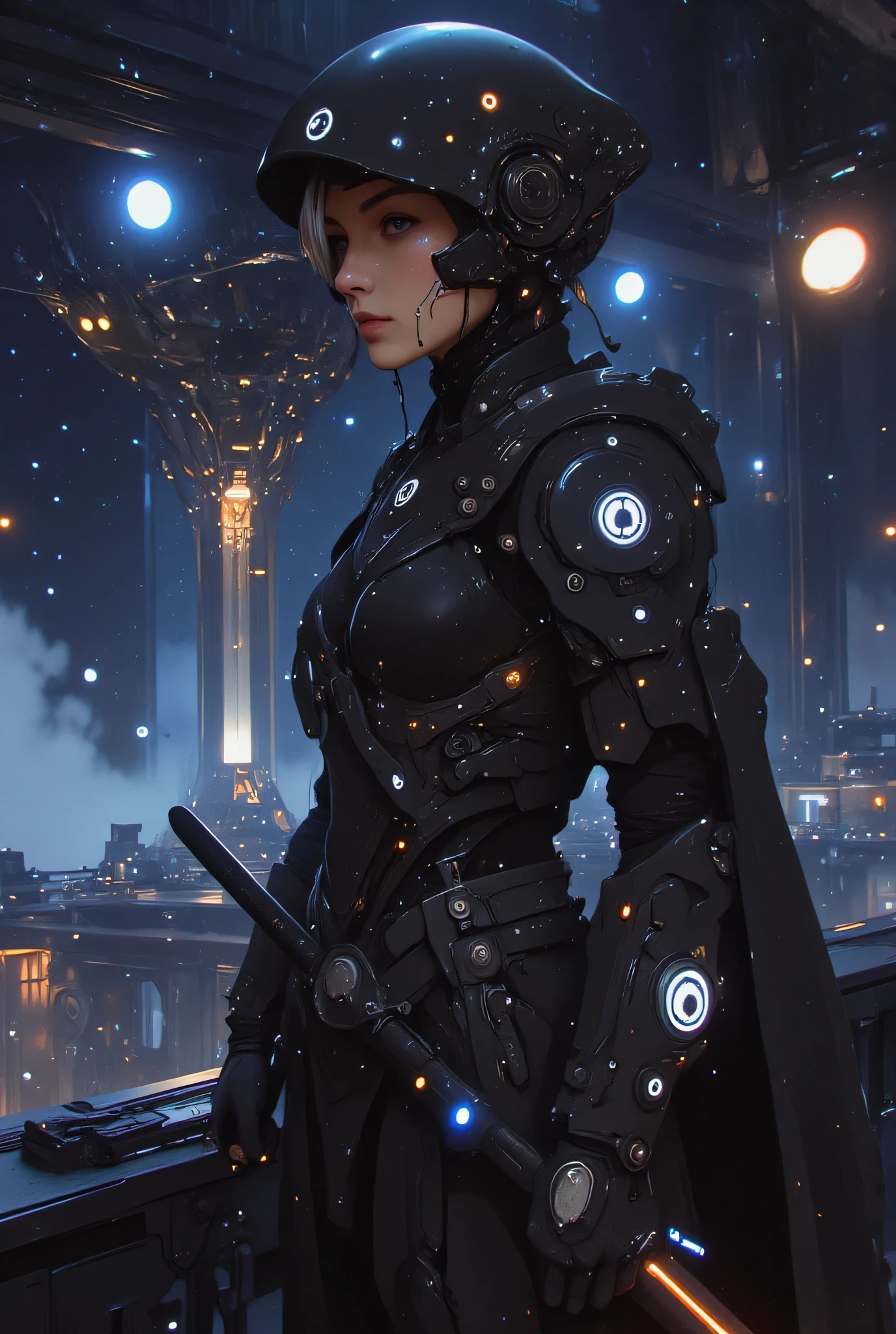 samurai、warrior、A cybernetic female cosmic samurai stands poised on the observation deck of a colossal interstellar battleship, her obsidian space-helm visor reflecting nebula patterns while maintaining her composed warrior’s gaze. Her right arm transforms into an intricate astro-mechanical limb with glowing plasma conduits replacing veins, holographic interface rings floating around articulated joint mechanisms. She grips a plasma-charged kunai crackling with stellar energy in her organic left hand.

Her armor synthesizes traditional samurai kabuto elements with celestial combat systems - meteorite-forged shoulder guards house retractable thruster packs, while her obi belt integrates zero-gravity stabilization modules. The battleship’s pulsating warp core casts an ethereal blue glow across her armor’s nano-weave surface, revealing constellation patterns in the metallic threading.

Behind her stretches the infinite cosmos, dominated by the battleship’s gargantuan cyber-shogunate hull bristling with quantum torpedo bays and prismatic shield projectors. Micro-meteorites spark against the ship’s defensive barrier as she stands anchored by magnetic boots, solar winds billowing her photon-weave haori adorned with holographic clan insignias. Drifting space debris and combat drones frozen in mid-explosion surround the warship, capturing the moment before the battle’s crescendo.