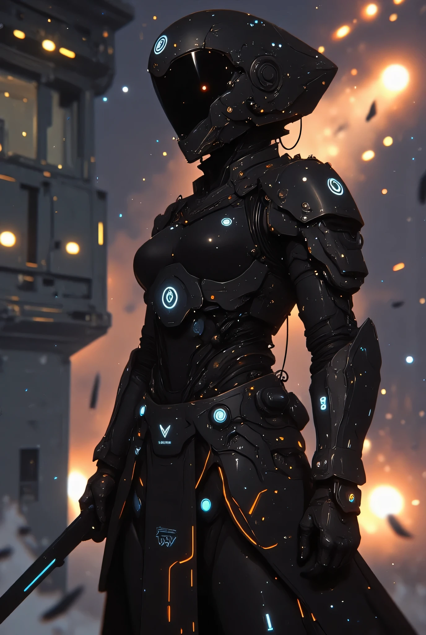 samurai、warrior、A cybernetic female cosmic samurai stands poised on the observation deck of a colossal interstellar battleship, her obsidian space-helm visor reflecting nebula patterns while maintaining her composed warrior’s gaze. Her right arm transforms into an intricate astro-mechanical limb with glowing plasma conduits replacing veins, holographic interface rings floating around articulated joint mechanisms. She grips a plasma-charged kunai crackling with stellar energy in her organic left hand.
Her armor synthesizes traditional samurai kabuto elements with celestial combat systems - meteorite-forged shoulder guards house retractable thruster packs, while her obi belt integrates zero-gravity stabilization modules. The battleship’s pulsating warp core casts an ethereal blue glow across her armor’s nano-weave surface, revealing constellation patterns in the metallic threading.
Behind her stretches the infinite cosmos, dominated by the battleship’s gargantuan cyber-shogunate hull bristling with quantum torpedo bays and prismatic shield projectors. Micro-meteorites spark against the ship’s defensive barrier as she stands anchored by magnetic boots, solar winds billowing her photon-weave haori adorned with holographic clan insignias. Drifting space debris and combat drones frozen in mid-explosion surround the warship, capturing the moment before the battle’s crescendo.