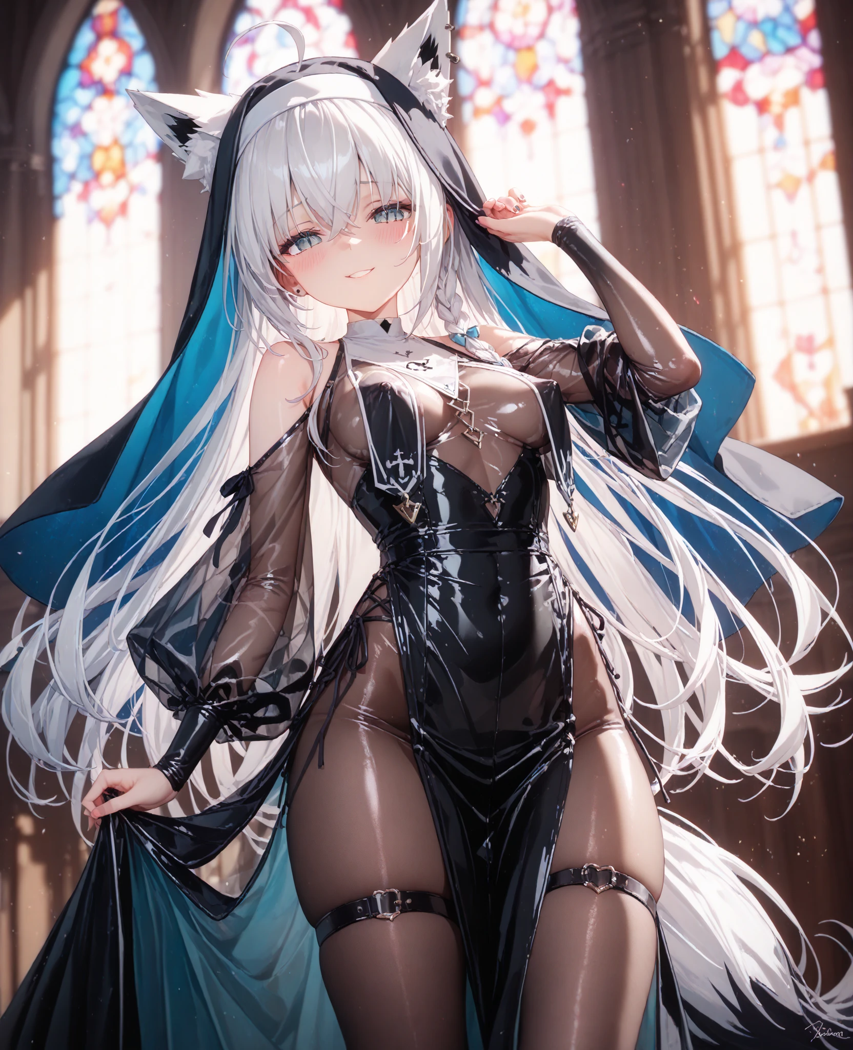 1 girl, big, succubus, black feathers, troubled expression, long gray hair, pale skin, heart-shaped light blue eyes, fangs, white cat ears, in a cage, chain --auto --s2